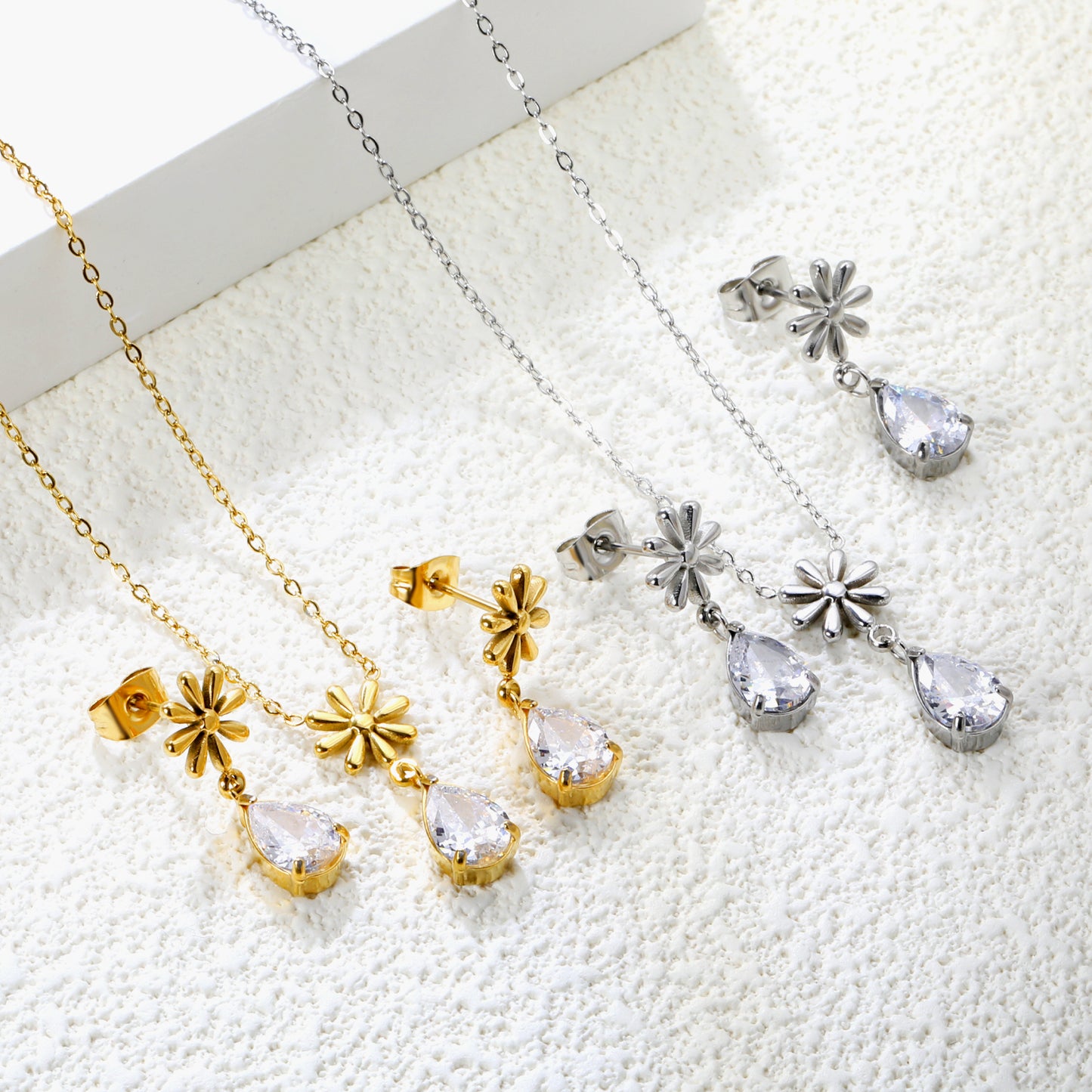 Wholesale Flower & Teardrop Zircon Jewelry Set – Hypoallergenic Stainless Steel Earrings + Pendant (Silver/Gold)