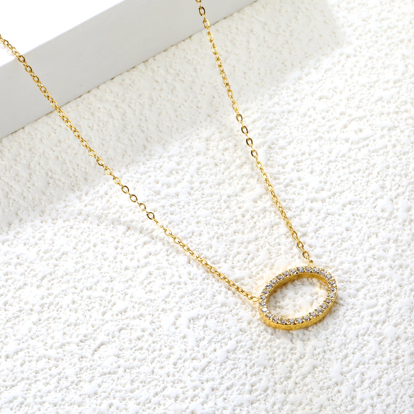 Stainless Steel Gold Elliptical Pendant Necklaces - 15*11.2mm CNC White Zircon, 0.3mm Chain, 43+5cm with 6mm Disk