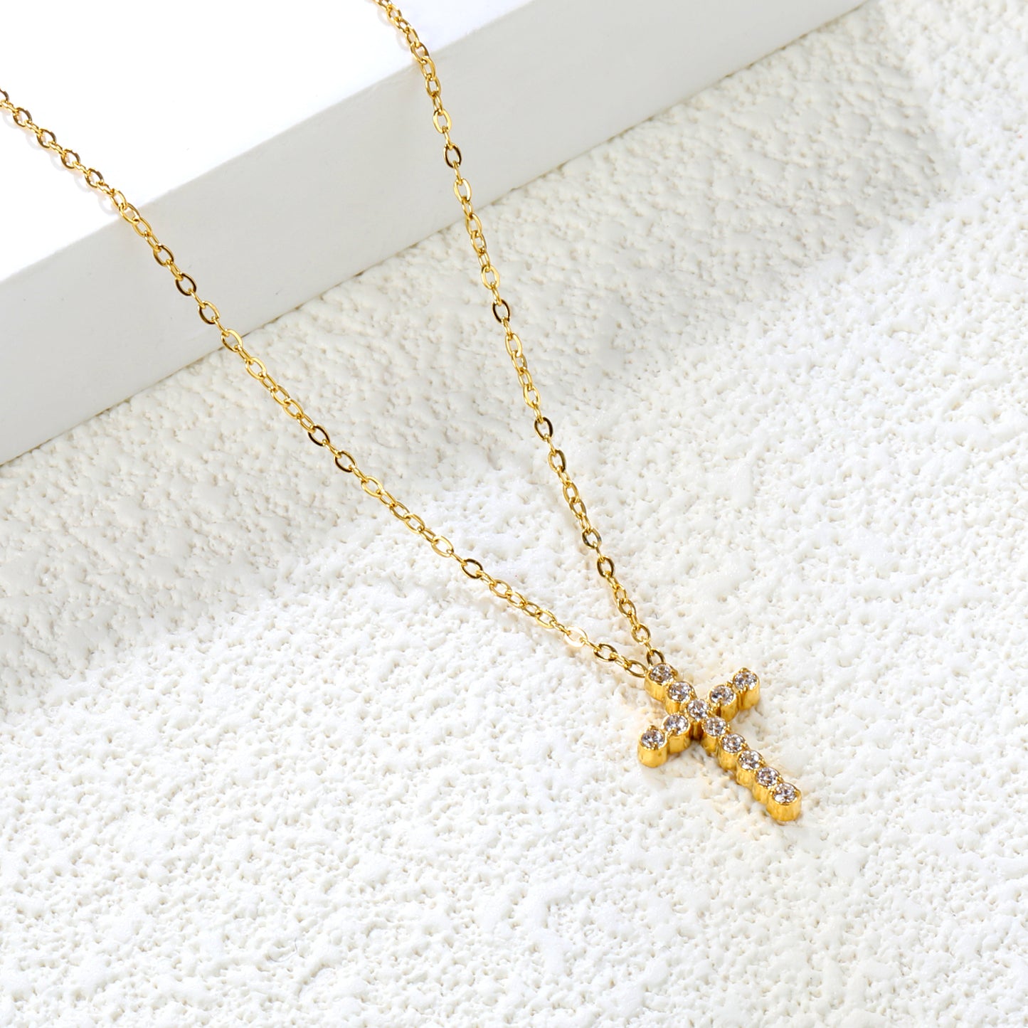Stainless Steel Gold Cross Pendant Necklaces - 10*16.8mm CNC White Zircon, 0.3mm Chain, 40+5cm with 6mm Disk