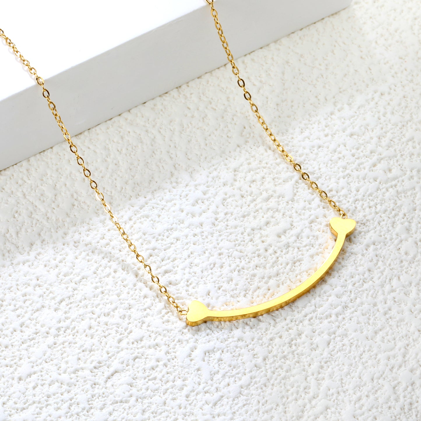 Stainless Steel Gold Arc Bone Jewelry - 9.2*36.7mm Pendant, 0.3mm Cross Link Chain, 45+5cm Necklace with 6mm Disk