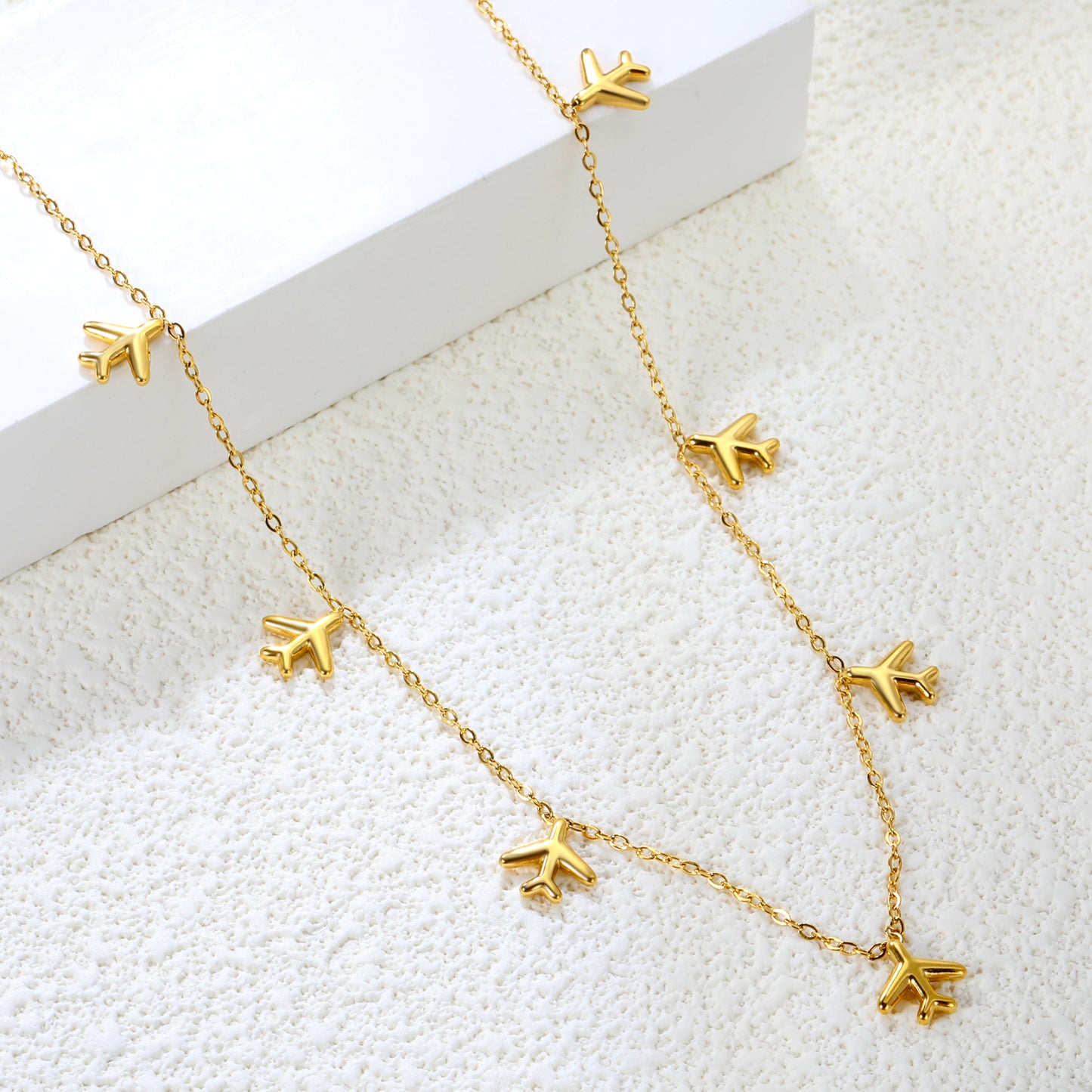 Stainless Steel Gold Airplane Pendant Necklaces - 8.2*9mm Accessory, 0.3mm Chain, 40+5cm with 6mm Disk
