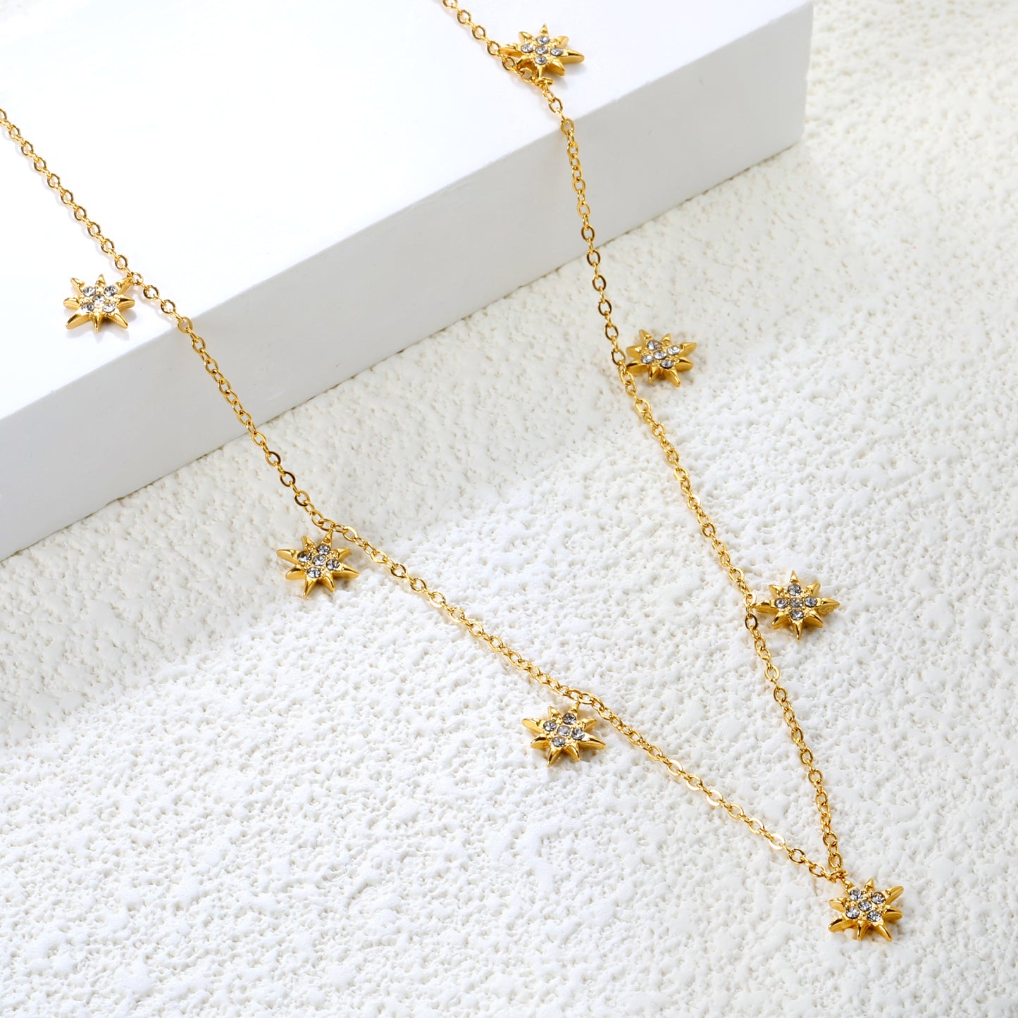 Stainless Steel Gold Eight-Pointed Star Jewelry - 0.3mm Cross Link Chain, 40+5cm Necklace with 6mm Disk