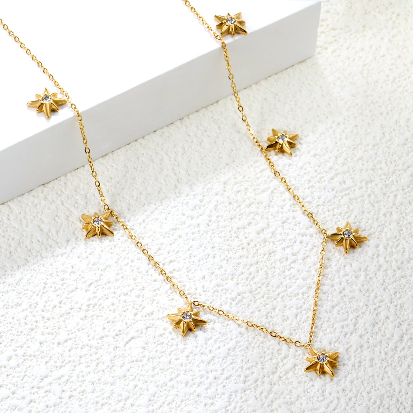 Stainless Steel Gold Eight-Pointed Star Jewelry - 0.3mm Cross Link Chain, 40+5cm Necklace with 6mm Disk