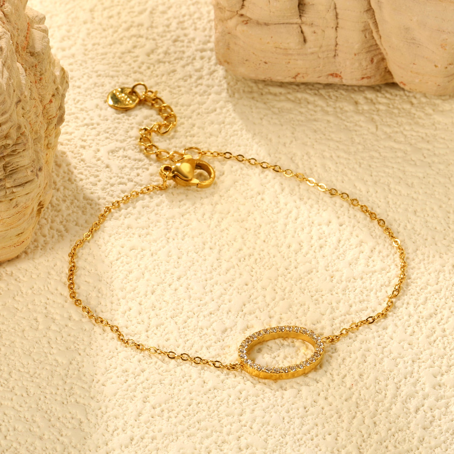 Wholesale Stainless Steel Gold Elliptical Hollow Bracelets - 14.9*11.2mm CNC White Zircon, 0.3mm Cross Chain, 18+3cm with 6mm Medallion