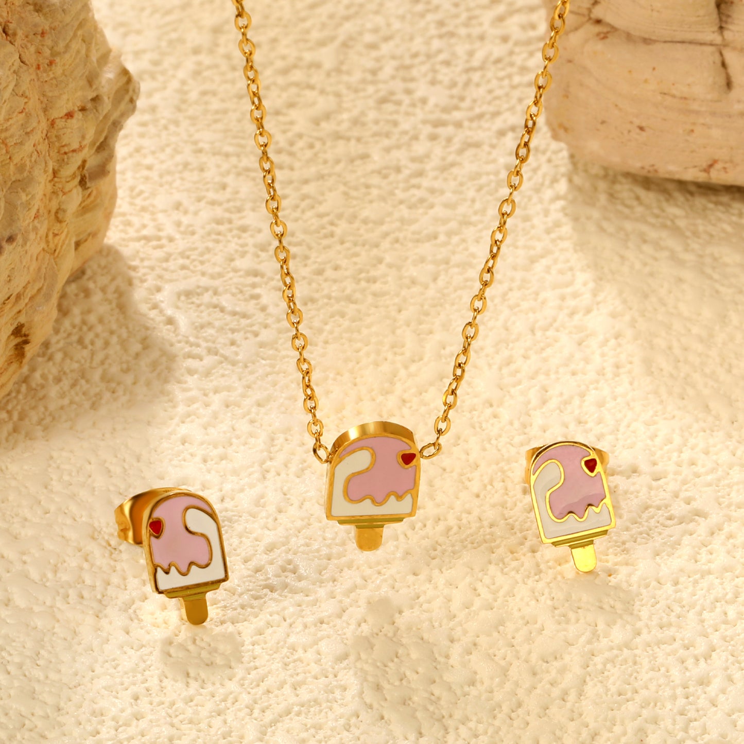 Bulk Summer Ice Cream Set Gold-Tone Stainless Earrings & Pendant (3.2g) | Wholesale Fun Fashion Jewelry