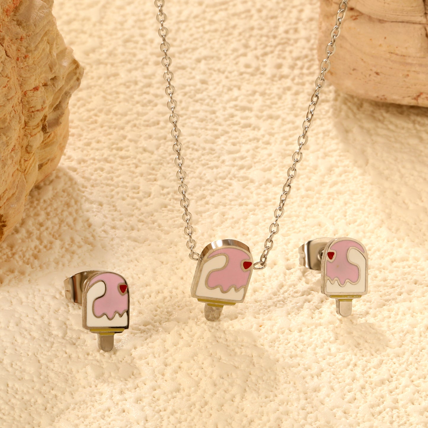 Bulk Summer Ice Cream Set Gold-Tone Stainless Earrings & Pendant (3.2g) | Wholesale Fun Fashion Jewelry