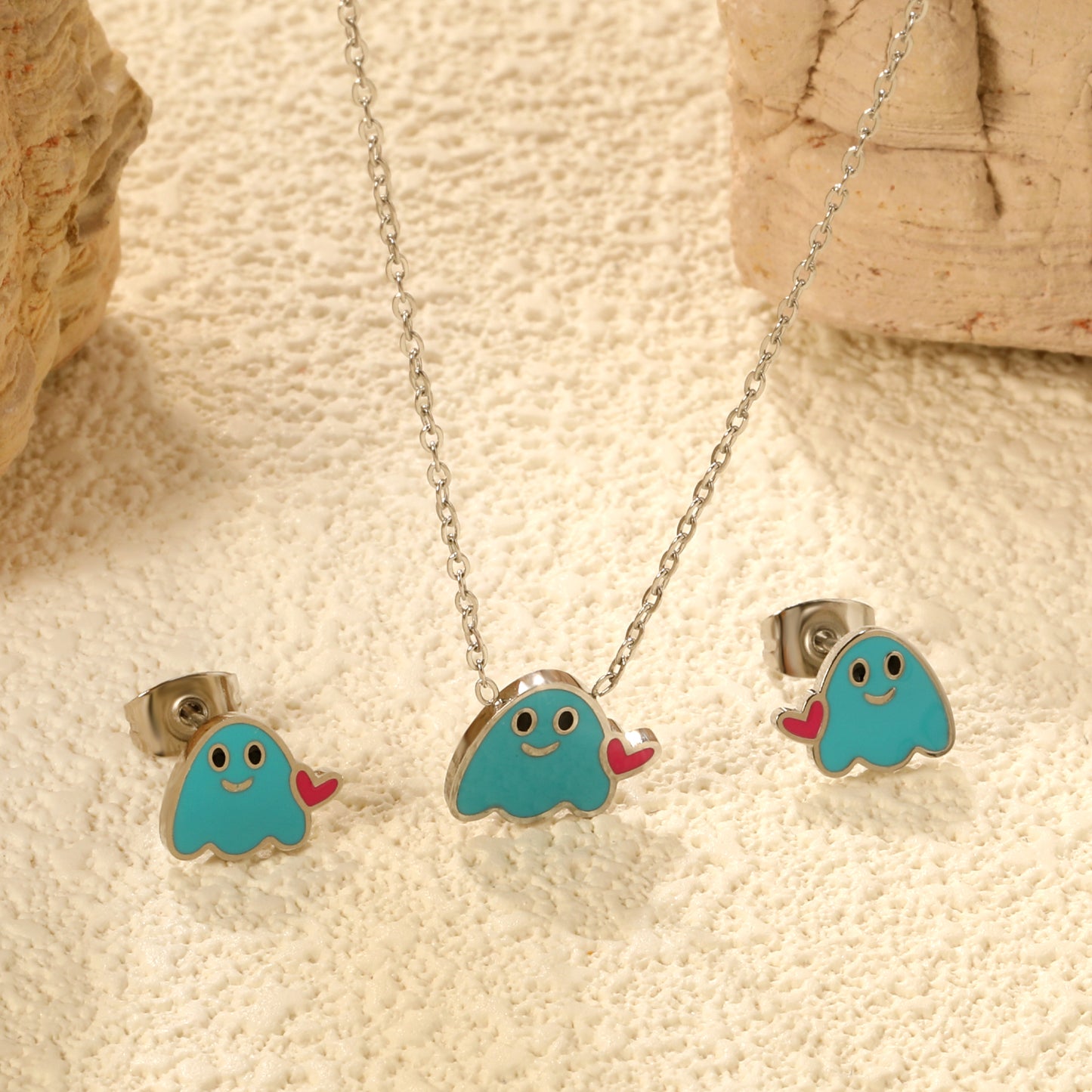 Wholesale Stainless Steel Dripping Oil Lovestruck Imp Set - Enamel Charm Earrings & Pendant Necklace w/ Cross Chain (Bulk Gothic Jewelry)