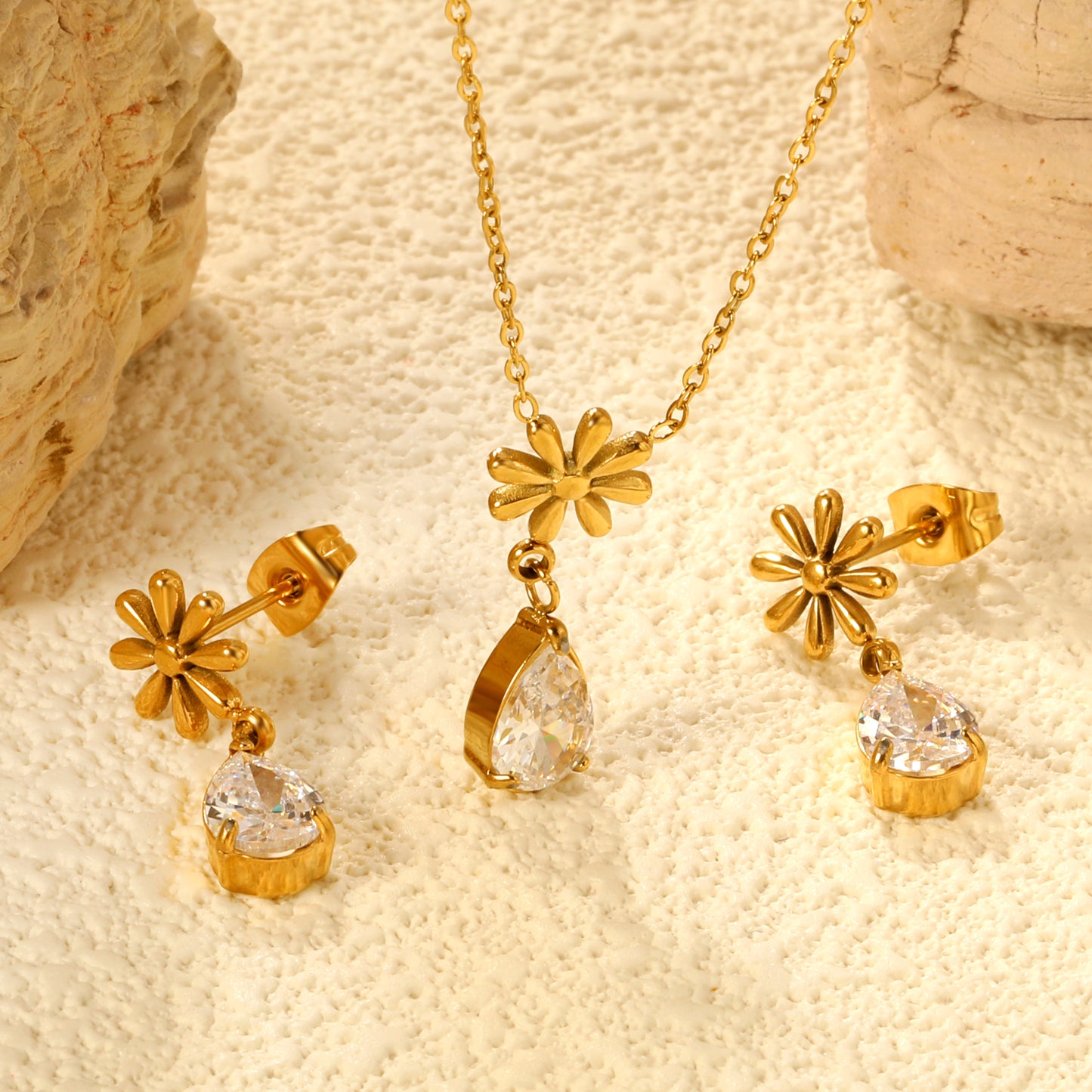 Wholesale Flower & Teardrop Zircon Jewelry Set – Hypoallergenic Stainless Steel Earrings + Pendant (Silver/Gold)