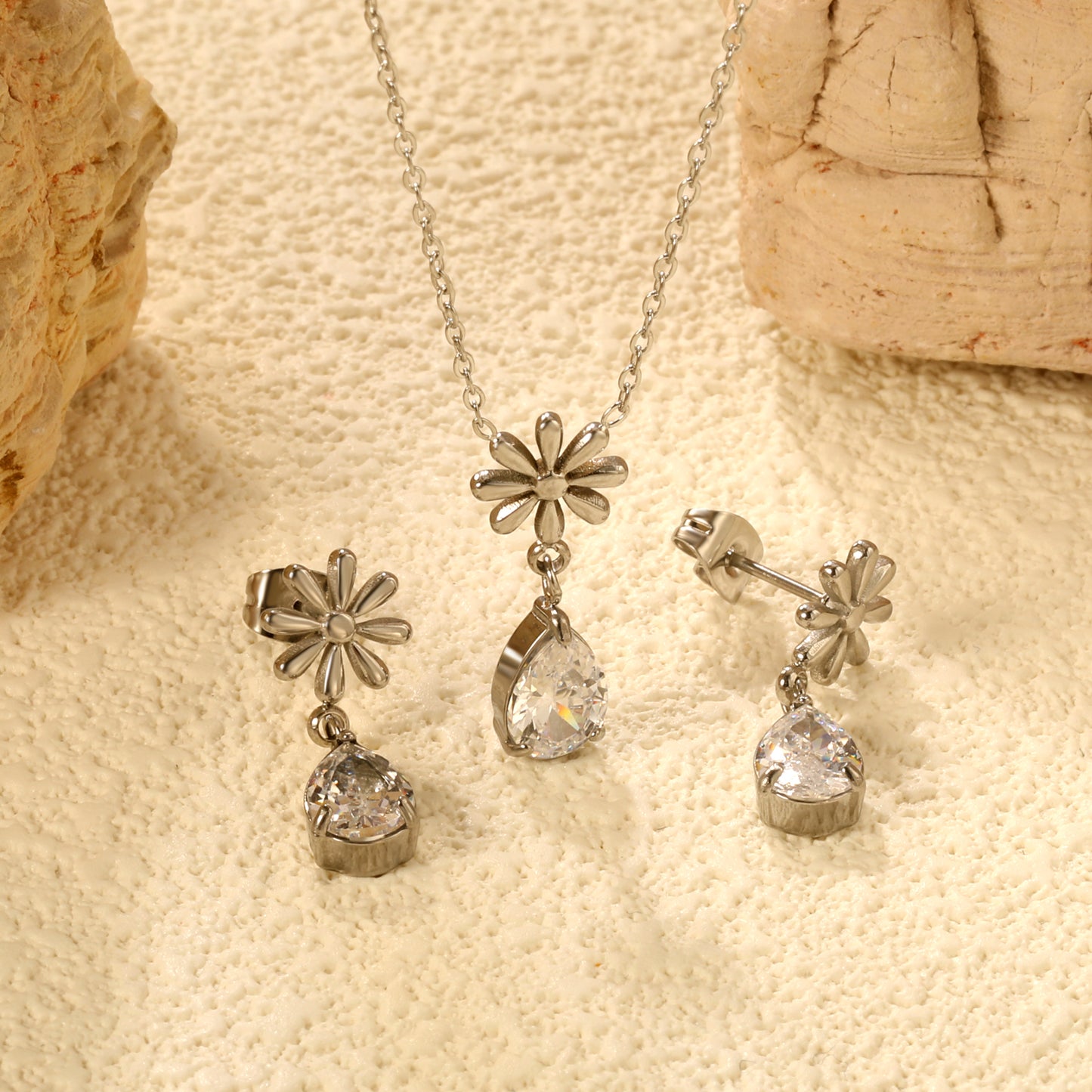 Wholesale Flower & Teardrop Zircon Jewelry Set – Hypoallergenic Stainless Steel Earrings + Pendant (Silver/Gold)