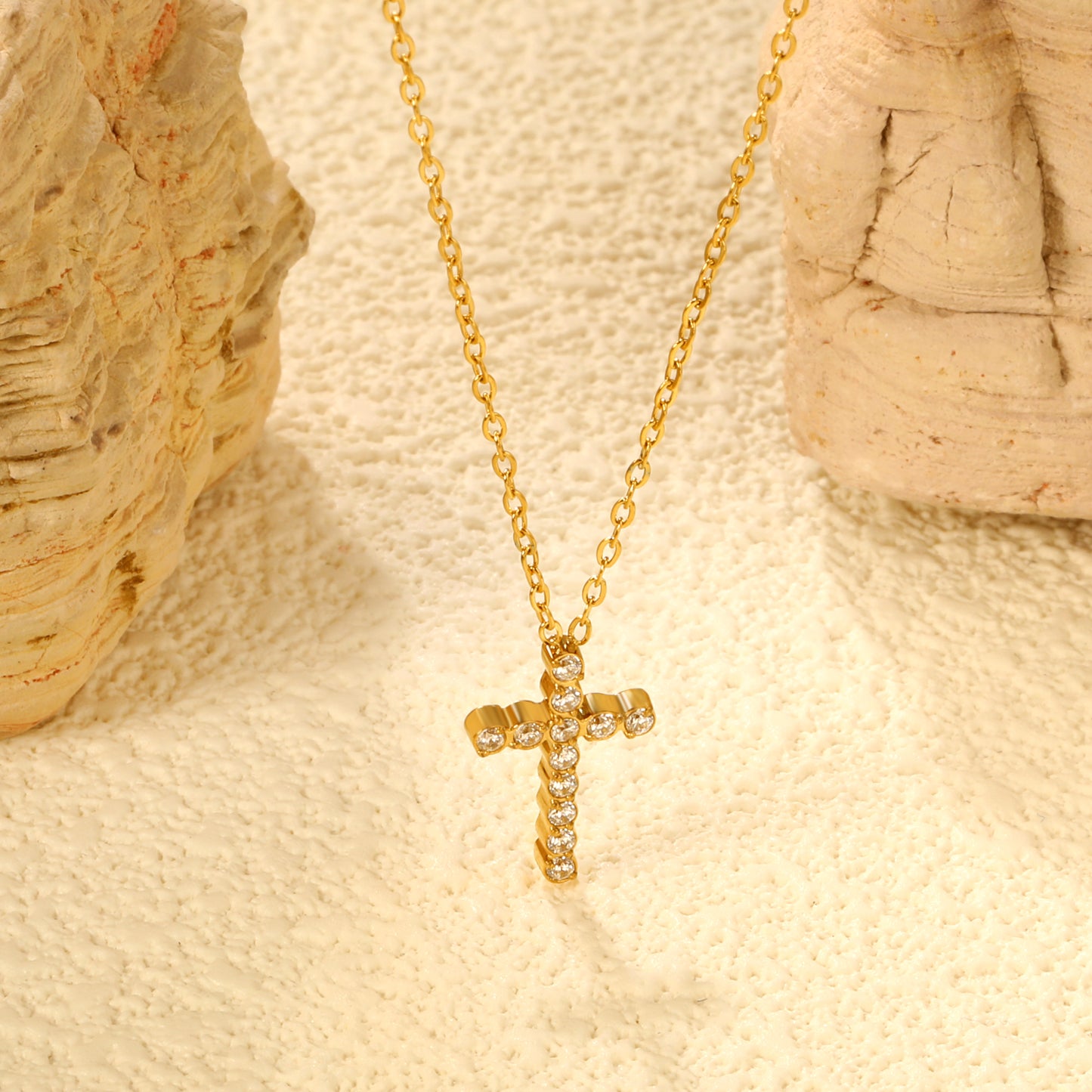 Stainless Steel Gold Cross Pendant Necklaces - 10*16.8mm CNC White Zircon, 0.3mm Chain, 40+5cm with 6mm Disk