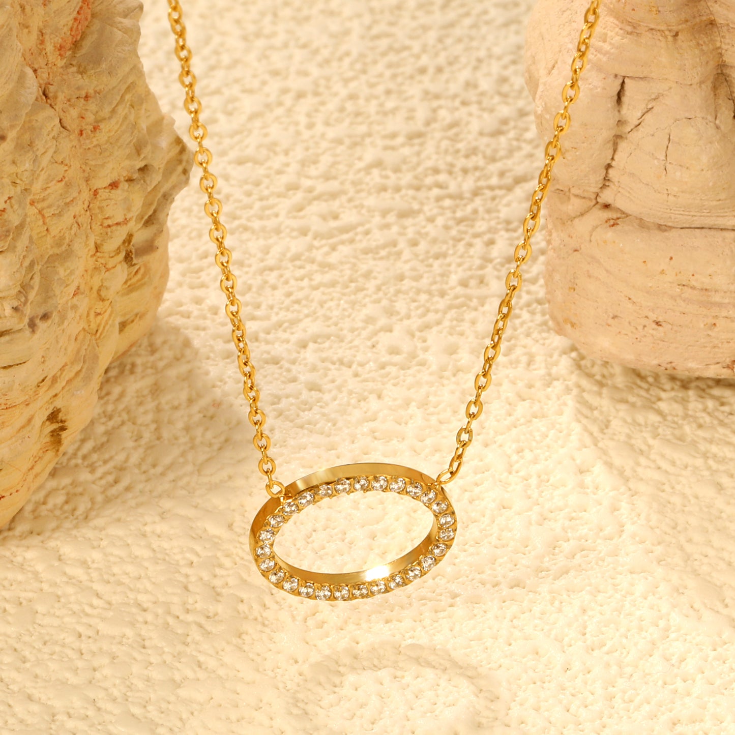 Stainless Steel Gold Elliptical Pendant Necklaces - 15*11.2mm CNC White Zircon, 0.3mm Chain, 43+5cm with 6mm Disk