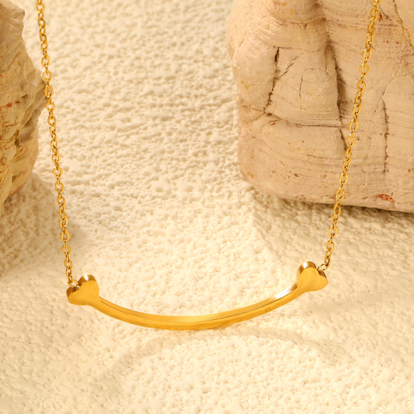 Stainless Steel Gold Arc Bone Jewelry - 9.2*36.7mm Pendant, 0.3mm Cross Link Chain, 45+5cm Necklace with 6mm Disk