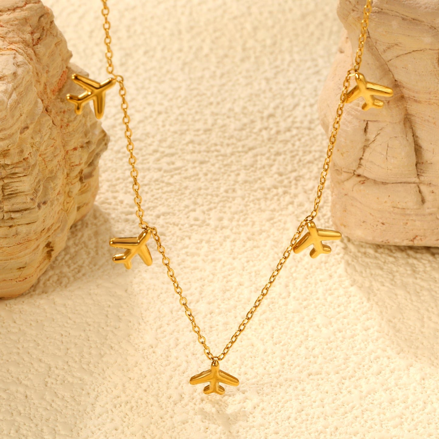 Stainless Steel Gold Airplane Pendant Necklaces - 8.2*9mm Accessory, 0.3mm Chain, 40+5cm with 6mm Disk