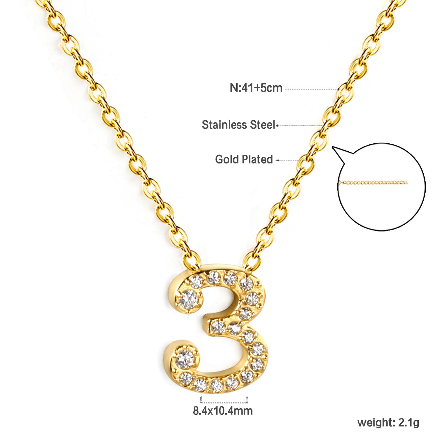 1-9 Arabic Numerals with White Diamonds Pendant Necklace 41+5cm