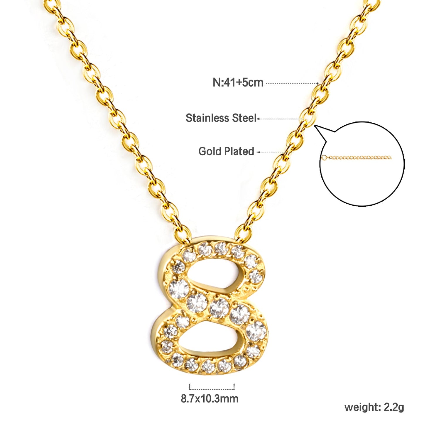 1-9 Arabic Numerals with White Diamonds Pendant Necklace 41+5cm
