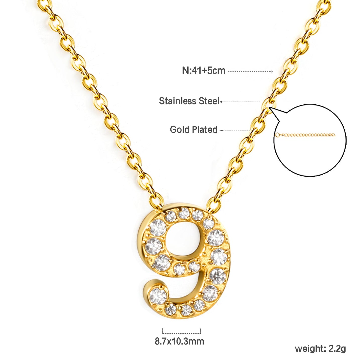 1-9 Arabic Numerals with White Diamonds Pendant Necklace 41+5cm