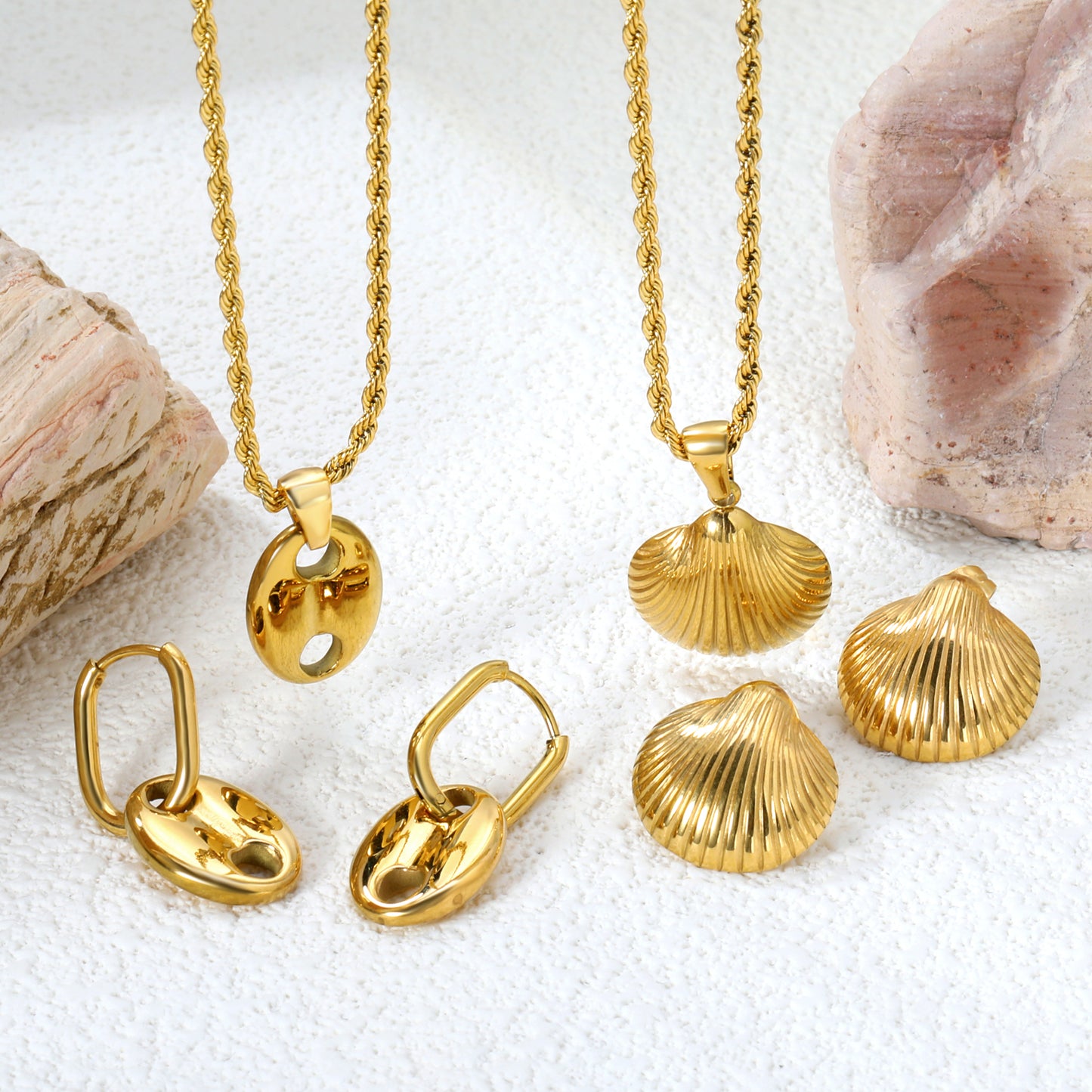 ✨🌊 18K Gold plated Shell shape Jewelry Set Wholesale (MOQ 12+) | Stainless Steel Necklace & Earrings 🌍 | Hypoallergenic Luxury Gift Set