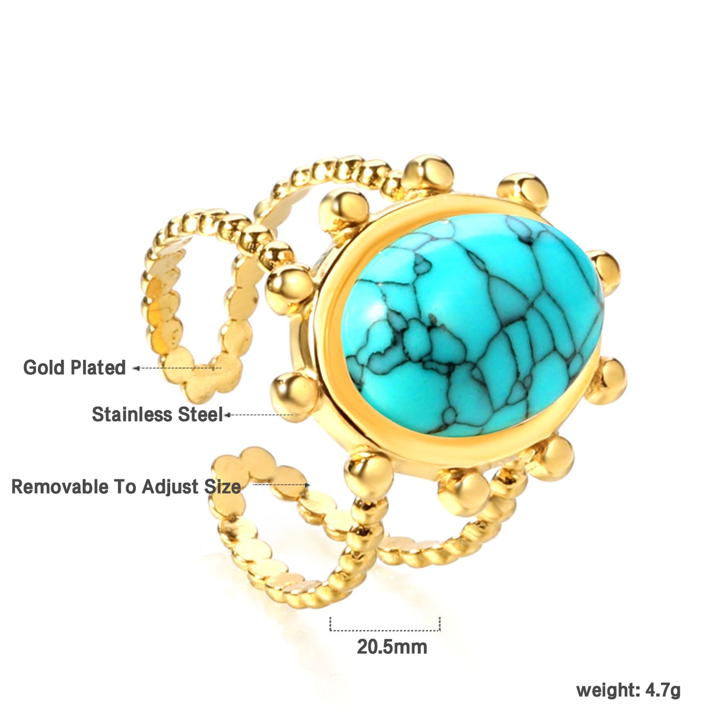 Single band ring clear natural stone + blue turquoise + anthophyllite