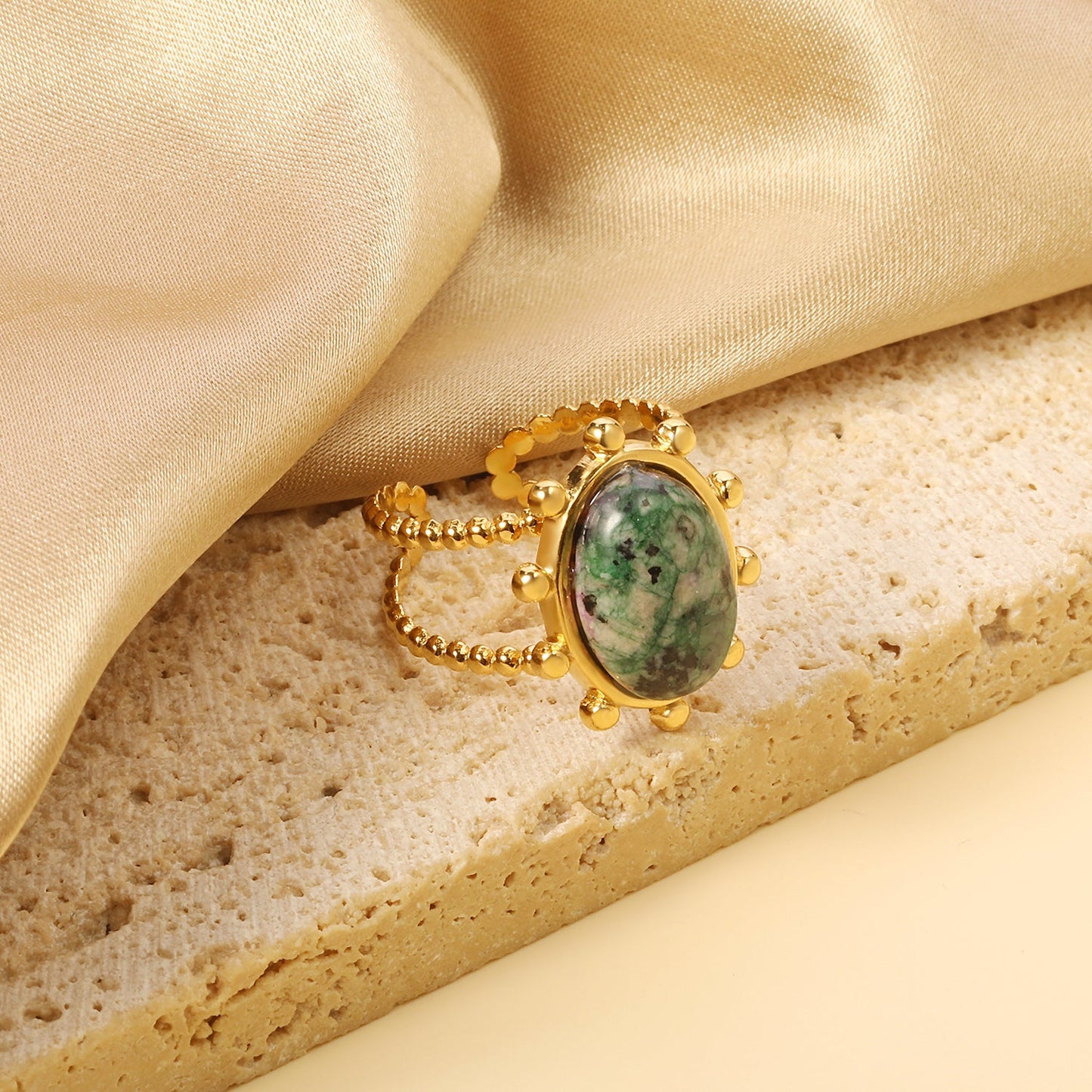 Single band ring clear natural stone + blue turquoise + anthophyllite