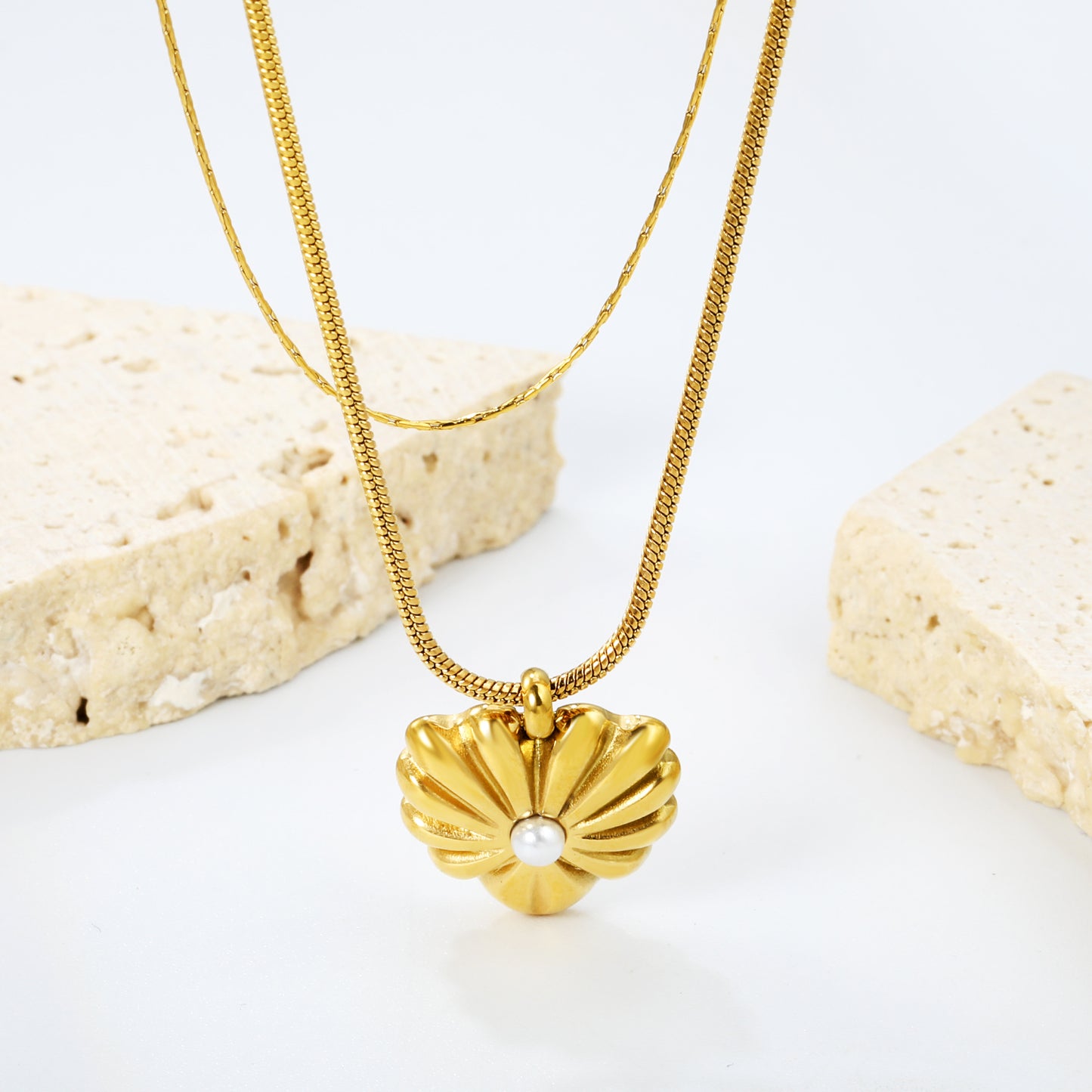 Nickel-Free & Waterproof Stainless Steel Double-Layer Chain with Flower Pendant