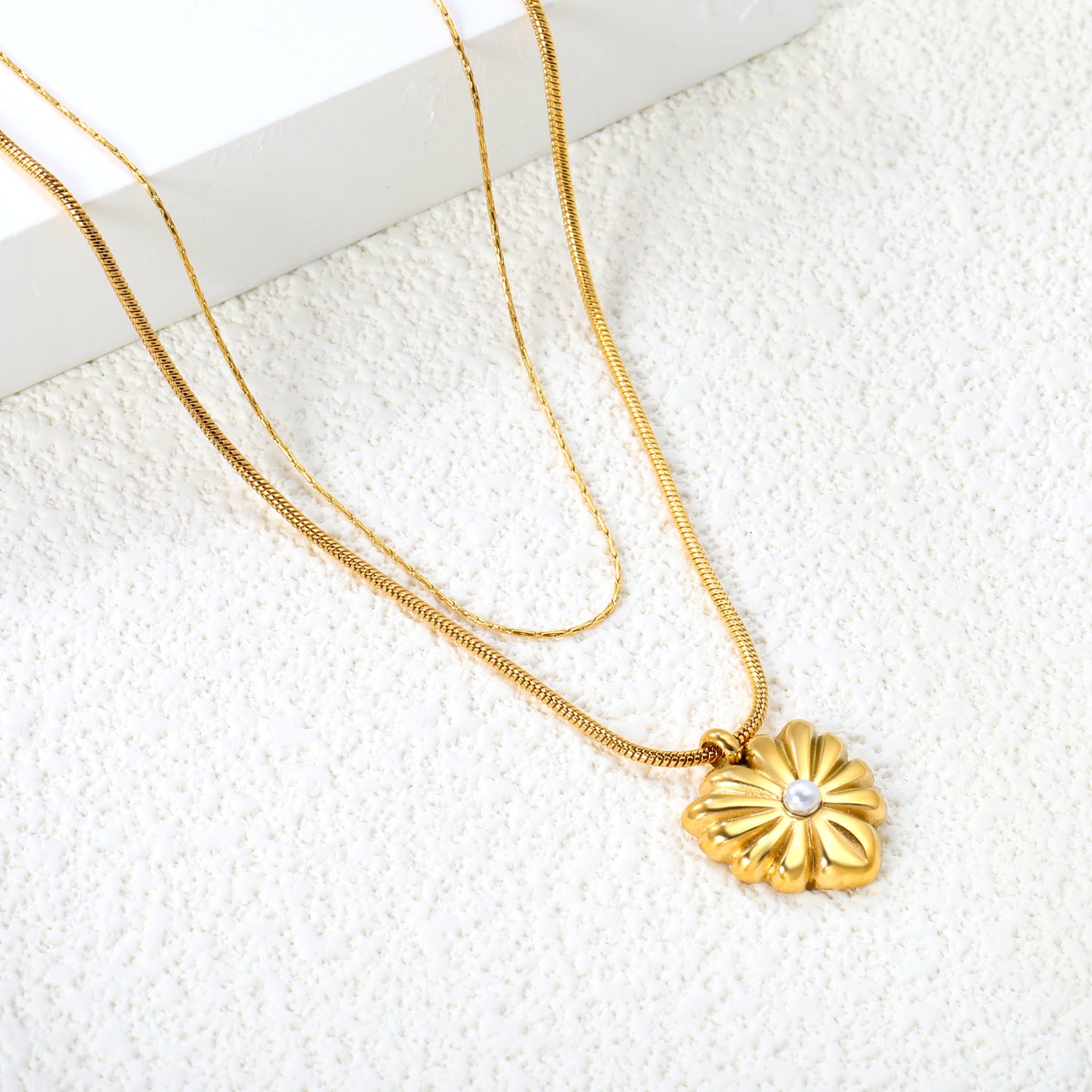 Nickel-Free & Waterproof Stainless Steel Double-Layer Chain with Flower Pendant