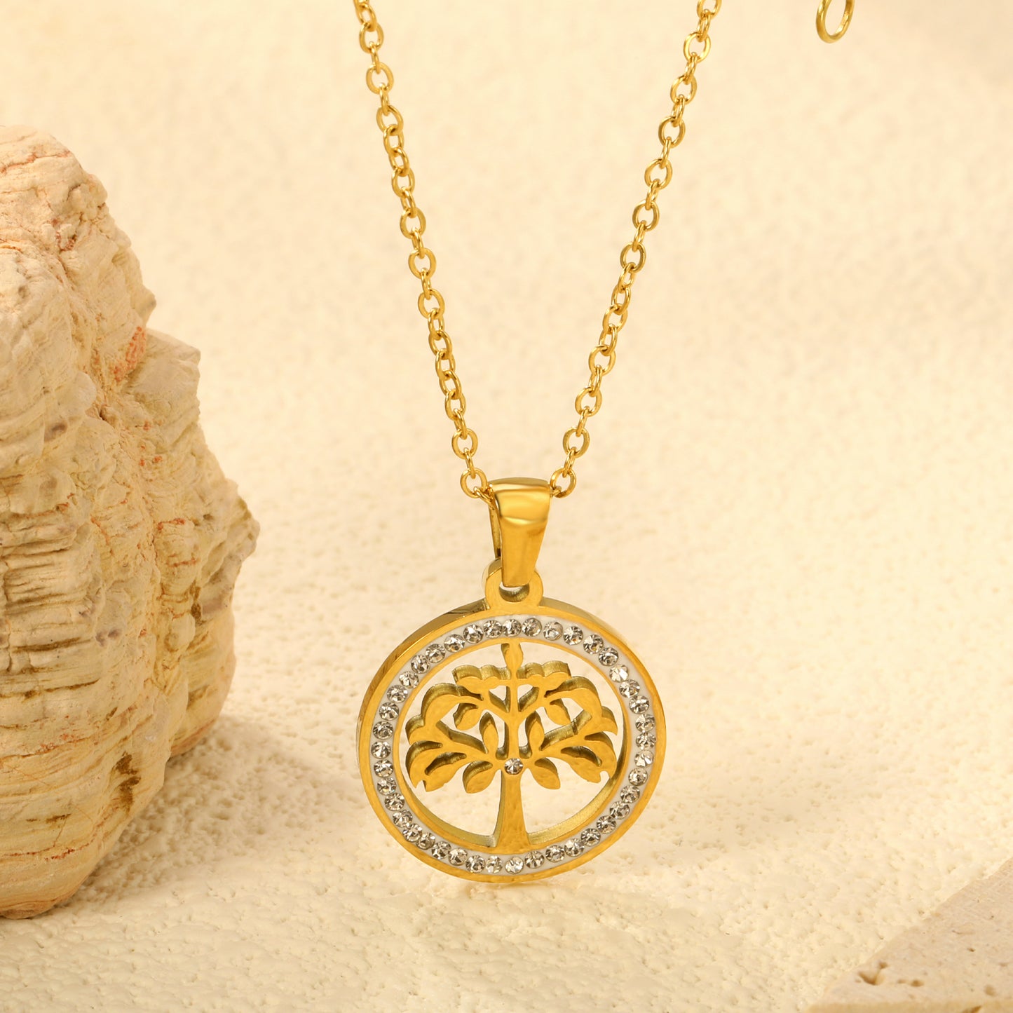 Nature-Inspired Tree Pendant Necklace - Stainless Steel Relief Jewelry with Gold Accents