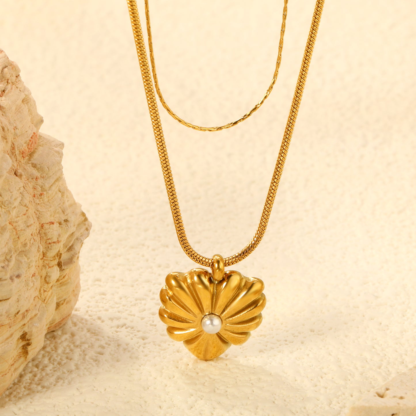 Nickel-Free & Waterproof Stainless Steel Double-Layer Chain with Flower Pendant