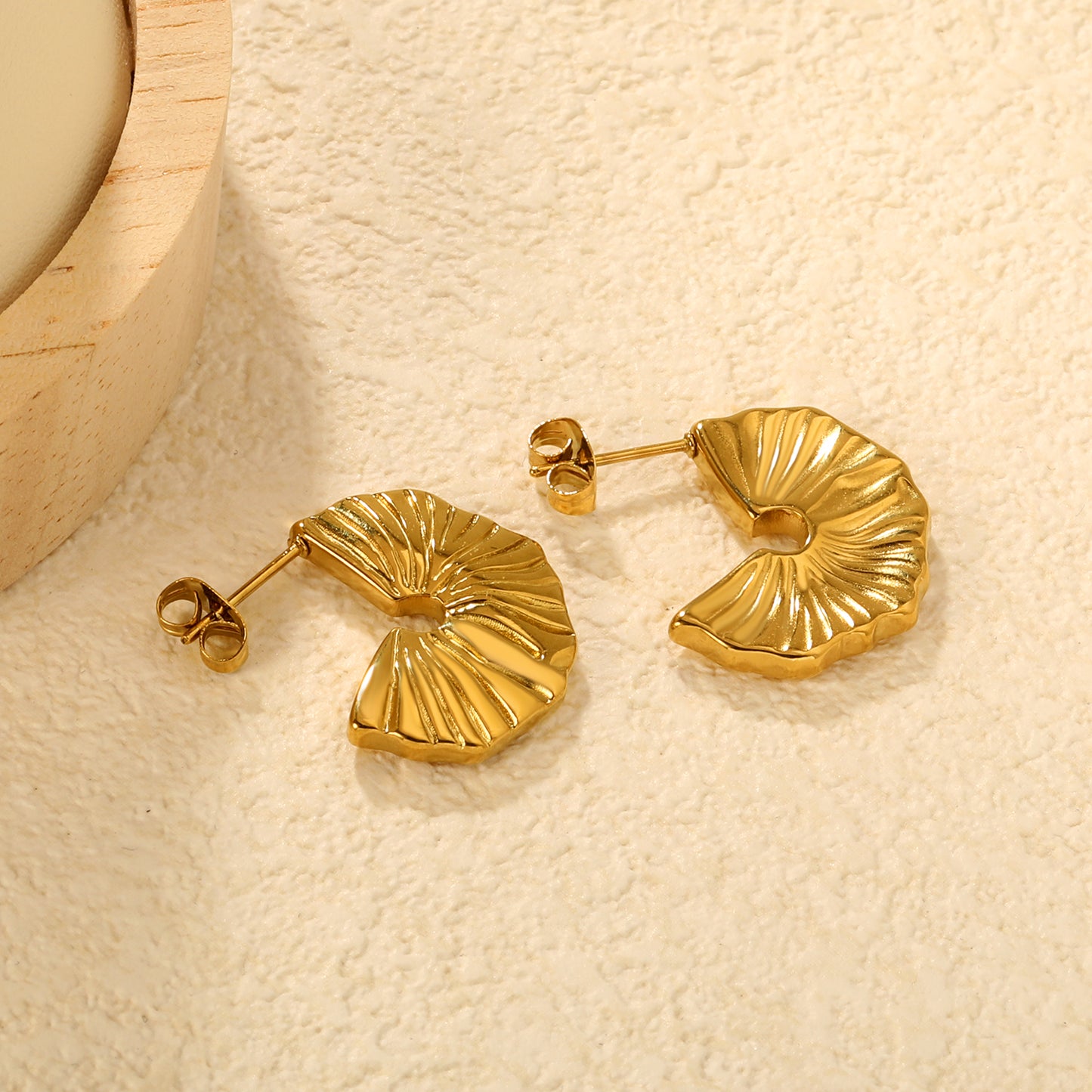 Stainless Steel Textured C Hoop Earrings | 18K Gold Plated Fan Pattern Jewelry