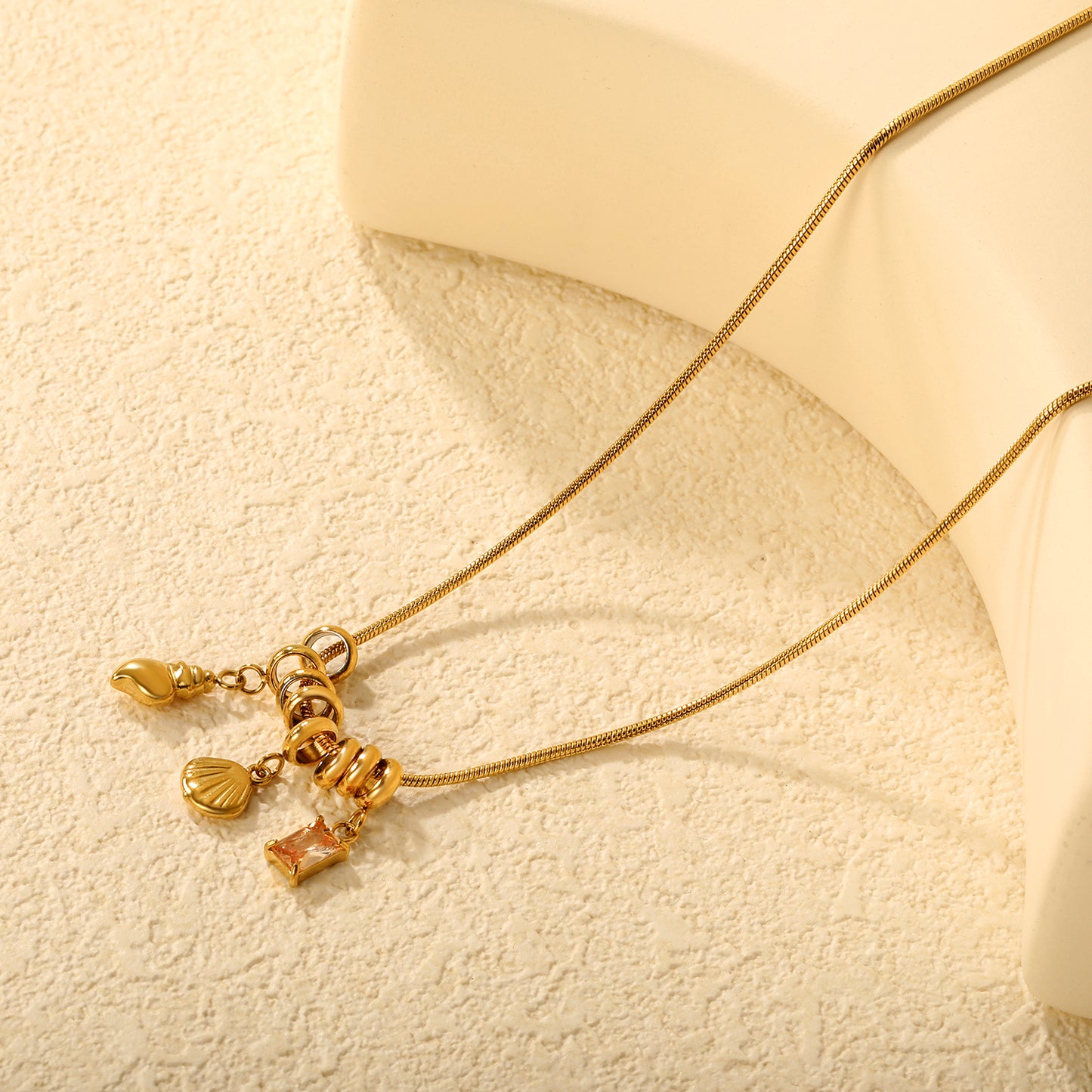 18K Gold Plated Shell Conch Charm Necklace | Stainless Steel Pink Crystal Pendant Necklace | Waterproof Beach Jewelry for Women