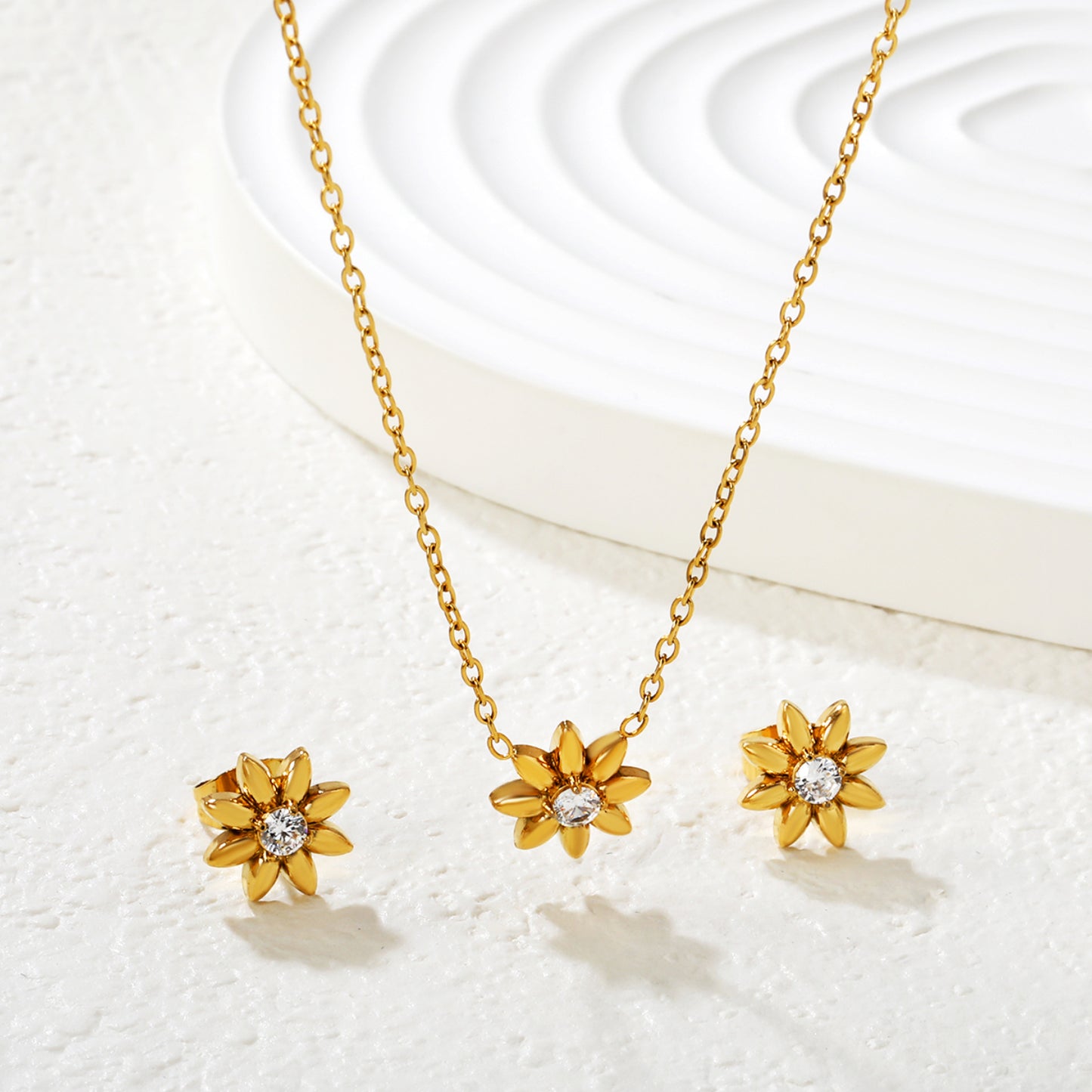 18K Gold Plated Sunflower Jewelry Set | Stainless Steel CZ Crystal Necklace & Earrings | Hypoallergenic Floral Jewelry for Women