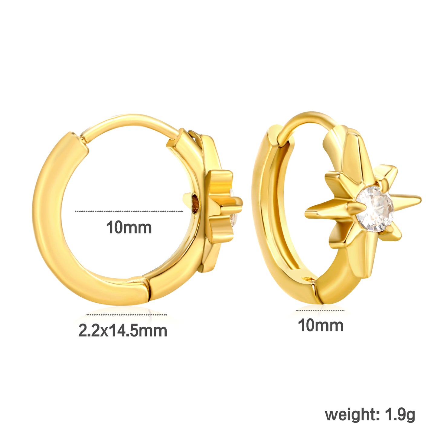 ✨ Wholesale Gold Stainless Steel Ear Cuff Set - 5 Styles (Stars/Crosses/Sunburst) w/ White Zircon | 10mm Inner Diameter (1.7-2.1g)