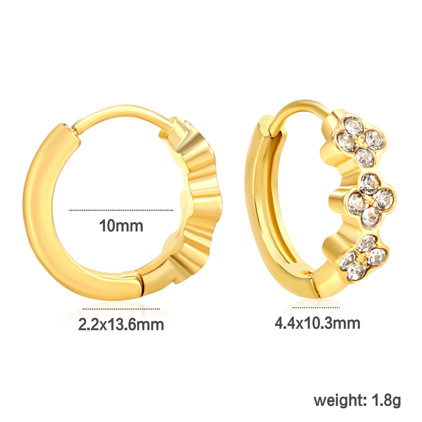 Wholesale Gold Stainless Steel Earrings Collection - 6 Trendy Styles with White Zircon/Czech Glass (2.2mm French Hooks)