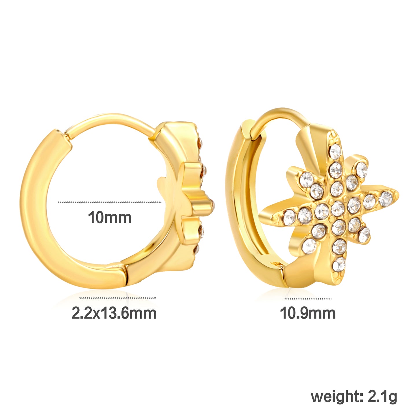 ✨ Wholesale Gold Stainless Steel Ear Cuff Set - 5 Styles (Stars/Crosses/Sunburst) w/ White Zircon | 10mm Inner Diameter (1.7-2.1g)