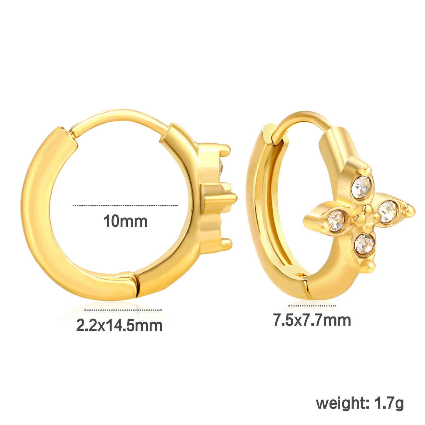 ✨ Wholesale Gold Stainless Steel Ear Cuff Set - 5 Styles (Stars/Crosses/Sunburst) w/ White Zircon | 10mm Inner Diameter (1.7-2.1g)