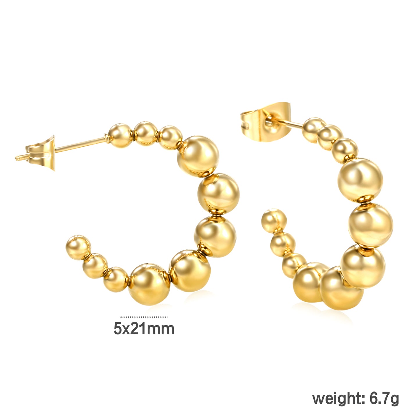 Wholesale Gold Stainless Steel Open Hoop Earrings | 5mm Half-Round Bead Detail | 14.1mm Spring Lever Back | Bulk Fashion Earrings for Retailers