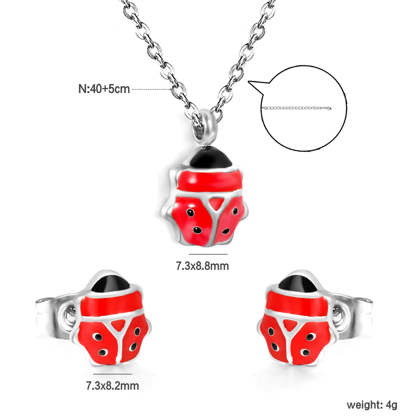 Wholesale Cute Ladybug Set - Stainless Steel Earrings & Pendant Necklace (4g) | Spring-Summer Bulk Collection
