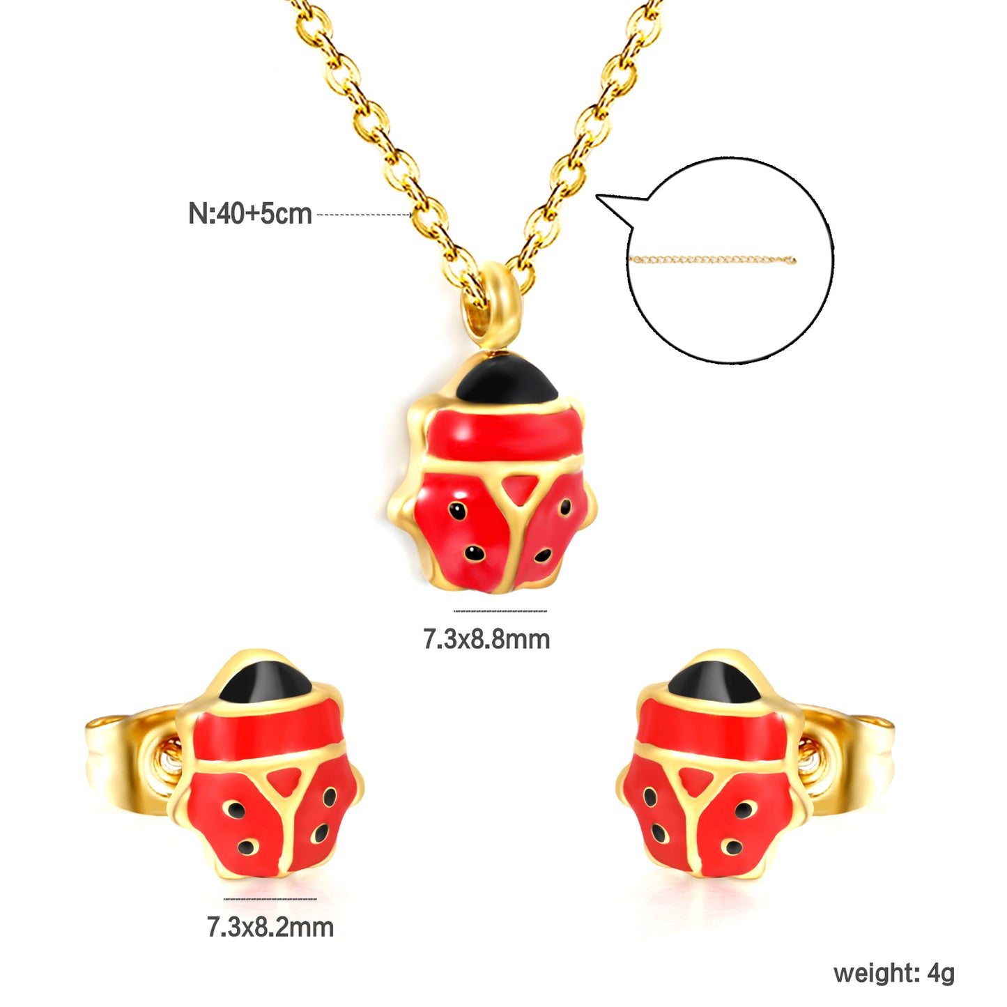 Wholesale Cute Ladybug Set - Stainless Steel Earrings & Pendant Necklace (4g) | Spring-Summer Bulk Collection