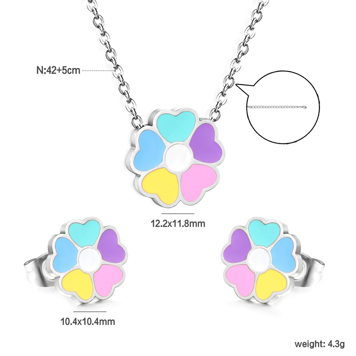 Bulk Colorful Flower Set Gold-Tone Stainless Steel Earrings & Necklace (4.3g) | Spring-Summer Wholesale Collection