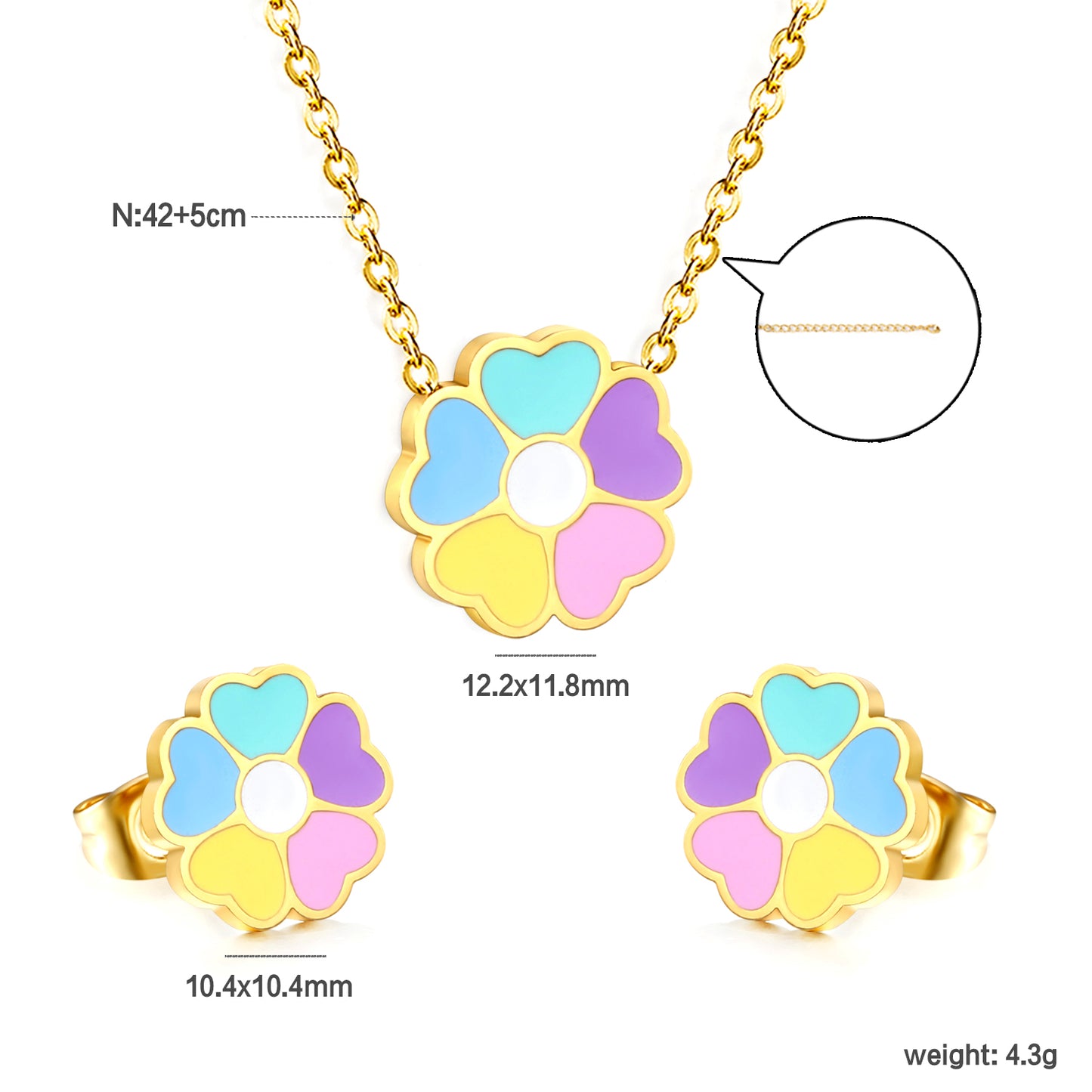 Bulk Colorful Flower Set Gold-Tone Stainless Steel Earrings & Necklace (4.3g) | Spring-Summer Wholesale Collection