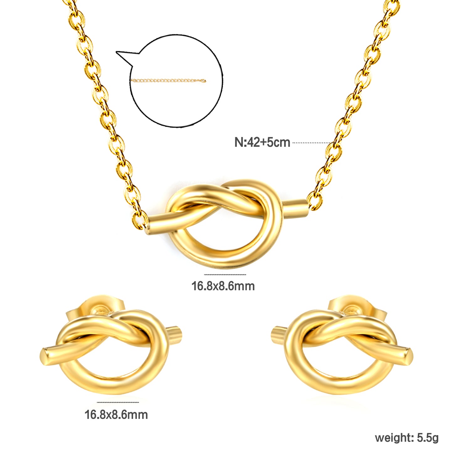 ✨ Dainty Knot Stud Earrings & Necklace Set Wholesale 8.6mm Gold Jewelry | Adjustable 42+5cm Thin Chain | Stainless Steel Bulk