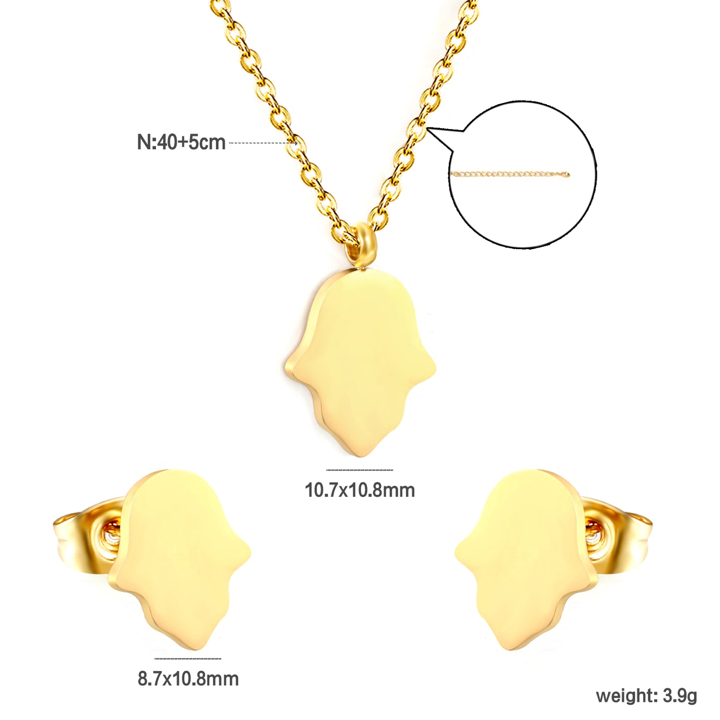 8.7x10.8mm Gold Stud Earrings + 10.7x13.6mm Pendant Set - 0.3mm Cross Chain (40+5cm) & 6mm Tag - Stainless Steel Wholesale Jewelry