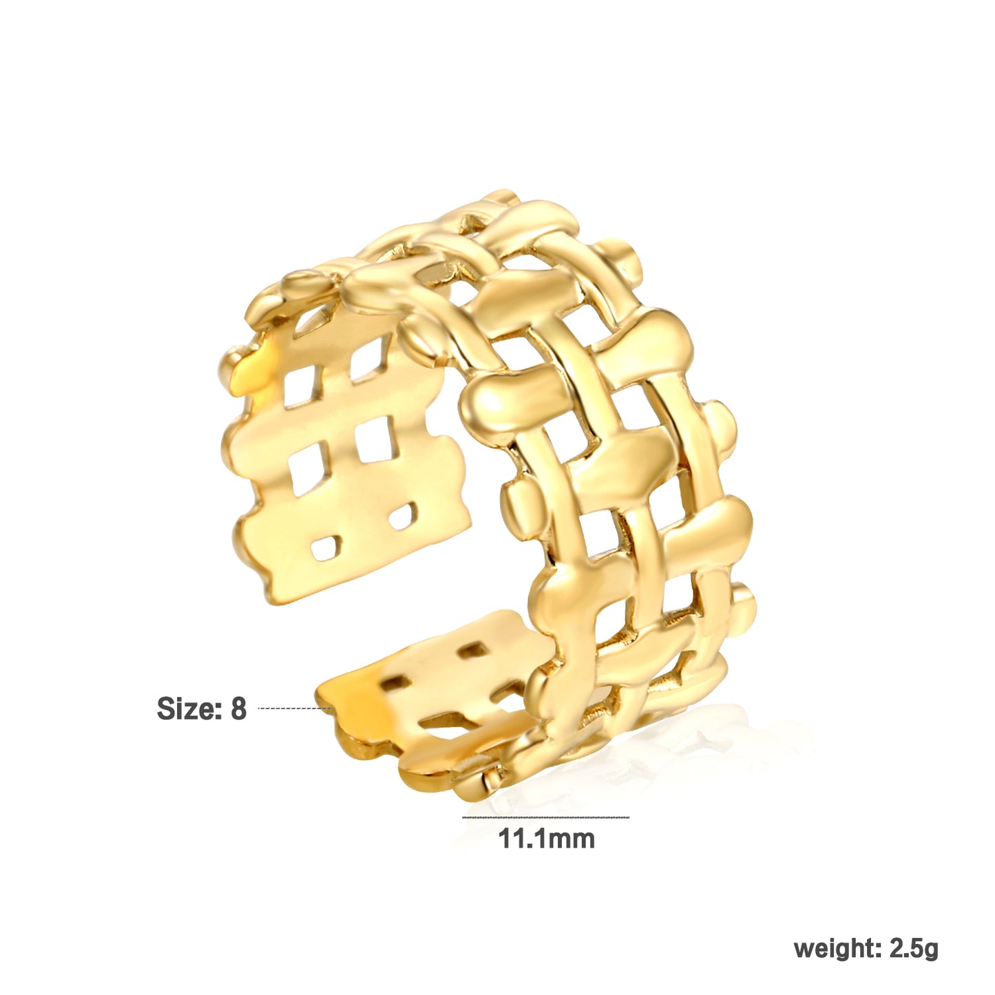 11.8mm Gold Stainless Steel Open Ring - Adjustable (2.8g) - Bulk Wholesale Jewelry (10/50/100pcs) - Hypoallergenic Statement Ring