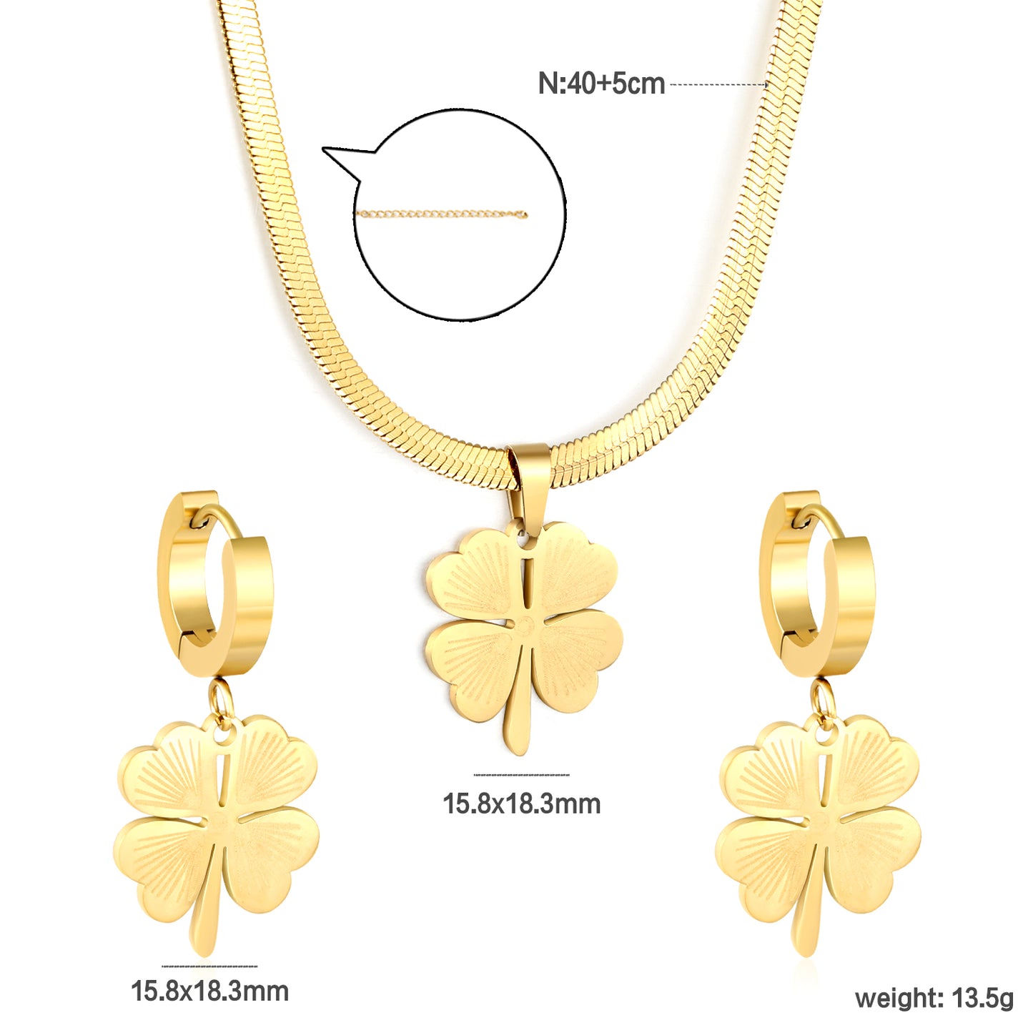 Wholesale Stainless Steel Clover Jewelry Set - Gold Earrings & Pendant (15.8x18.3mm) with 3.2mm Chain 40+5cm