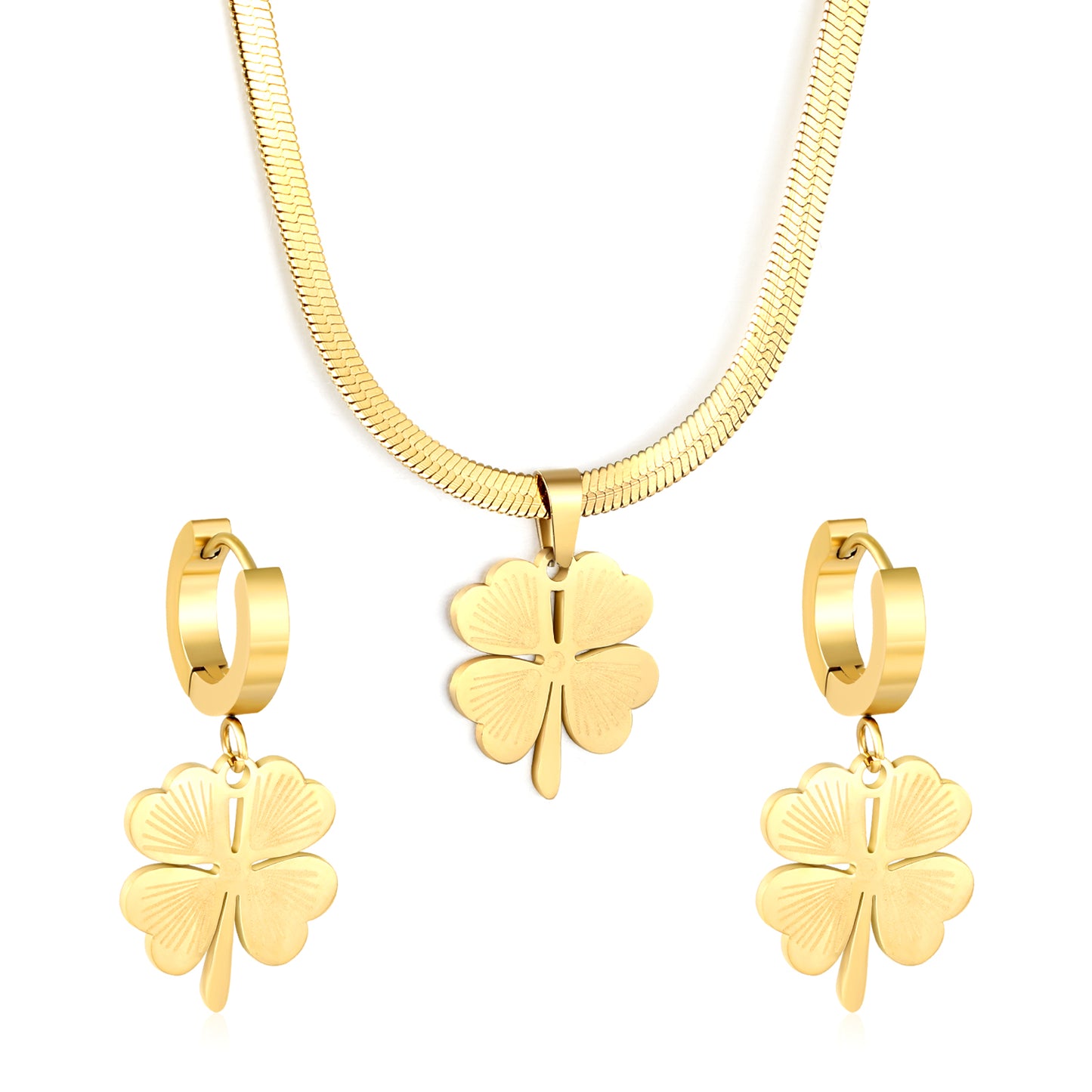 Wholesale Stainless Steel Clover Jewelry Set - Gold Earrings & Pendant (15.8x18.3mm) with 3.2mm Chain 40+5cm