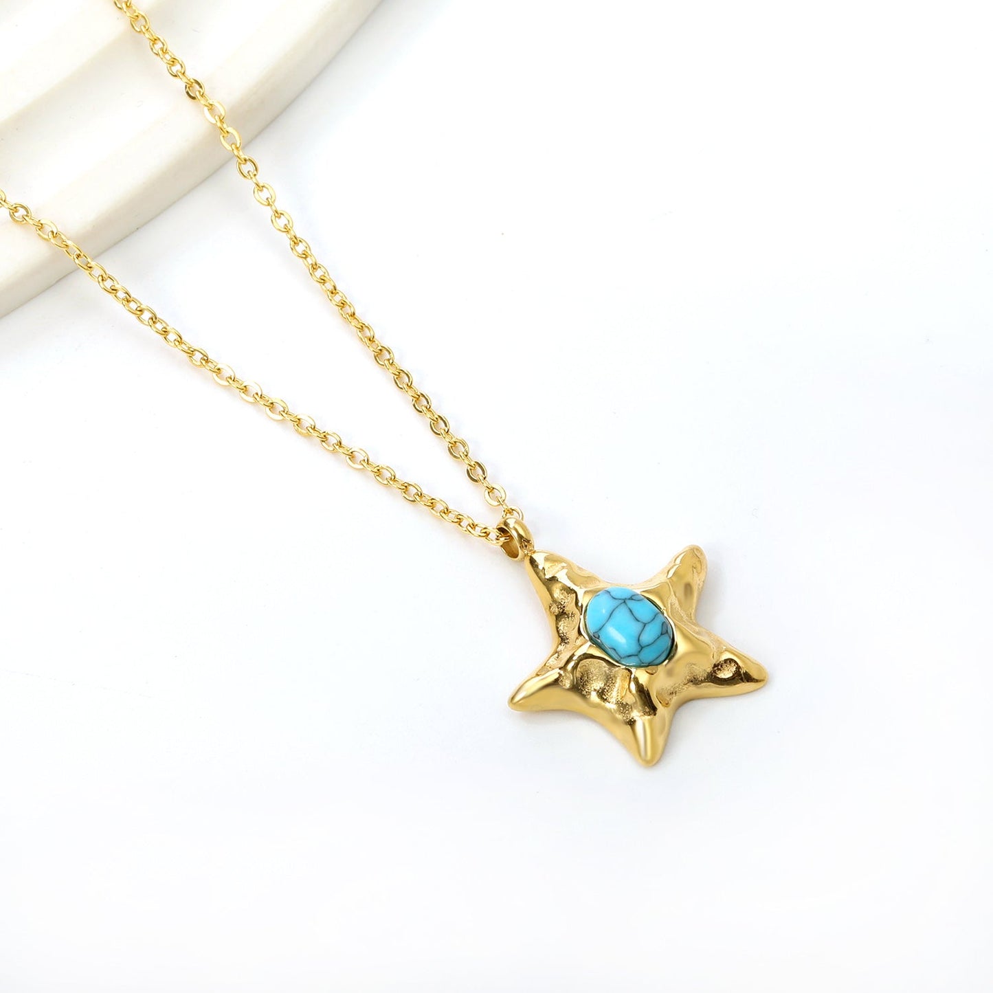 Starfish with oval blue turquoise pendant 21.2mm necklace 50+5cm