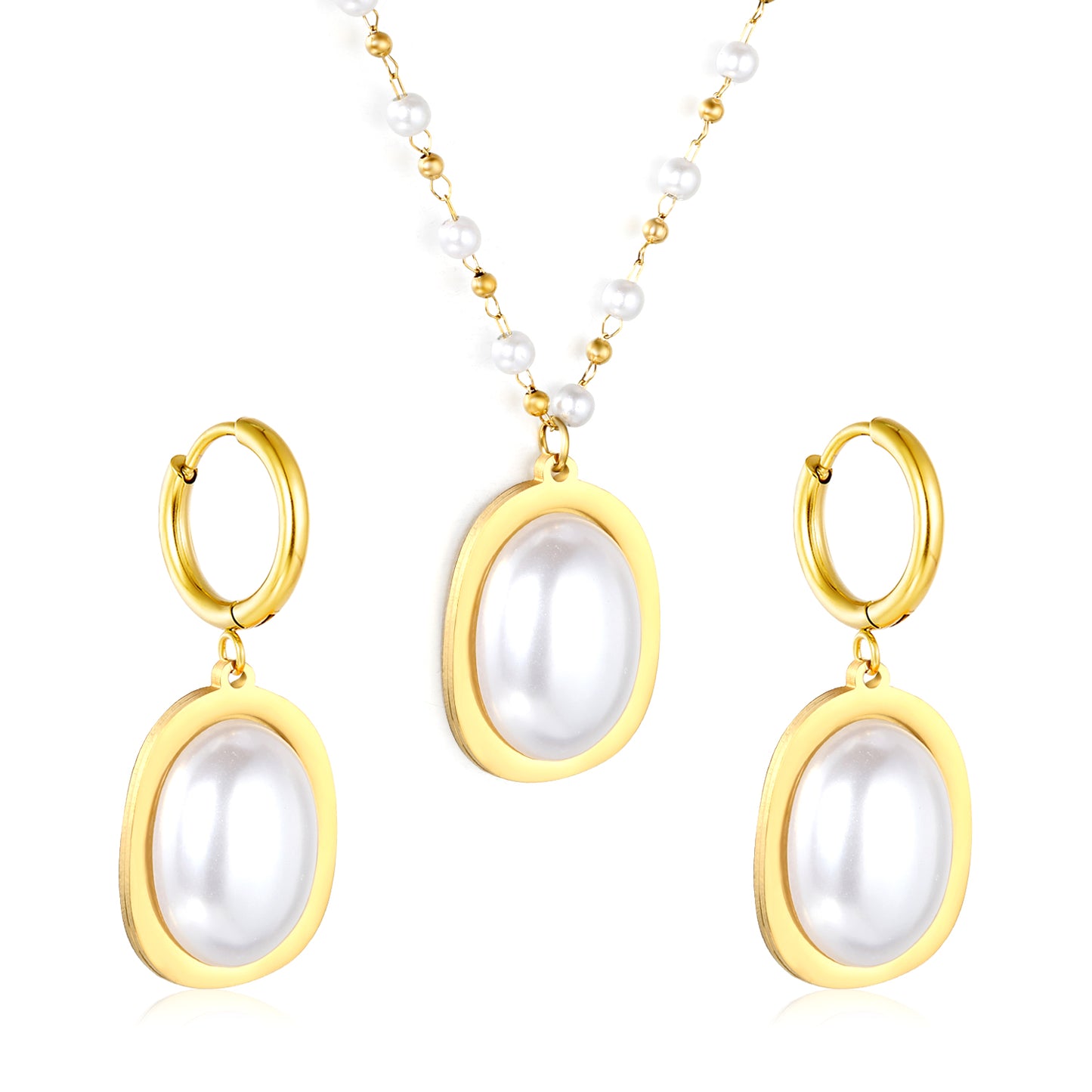 Wholesale Stainless Steel Pearl Jewelry Set - Gold Earrings & Pendant (16.3x23.6mm) with 3mm Pearls & 40+5cm Chain
