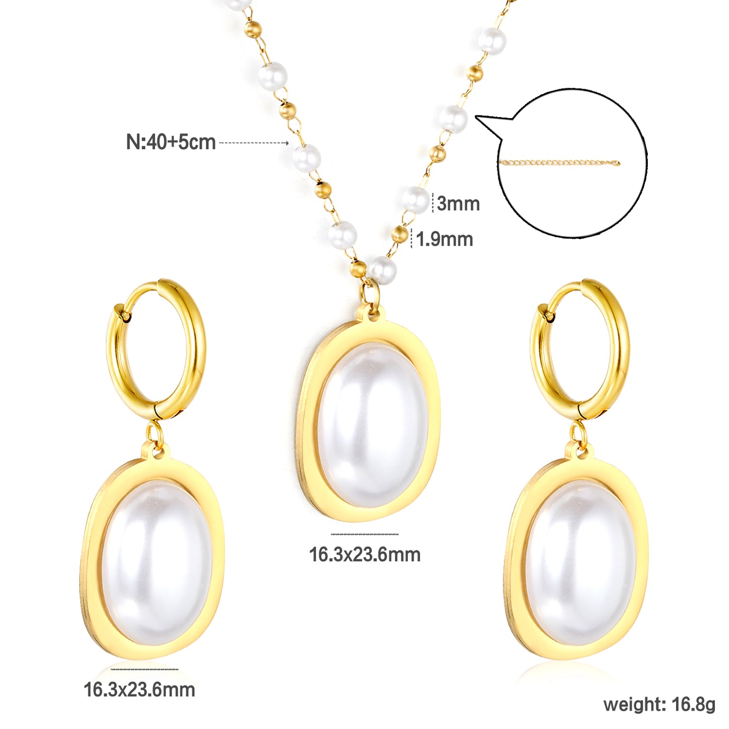 Wholesale Stainless Steel Pearl Jewelry Set - Gold Earrings & Pendant (16.3x23.6mm) with 3mm Pearls & 40+5cm Chain