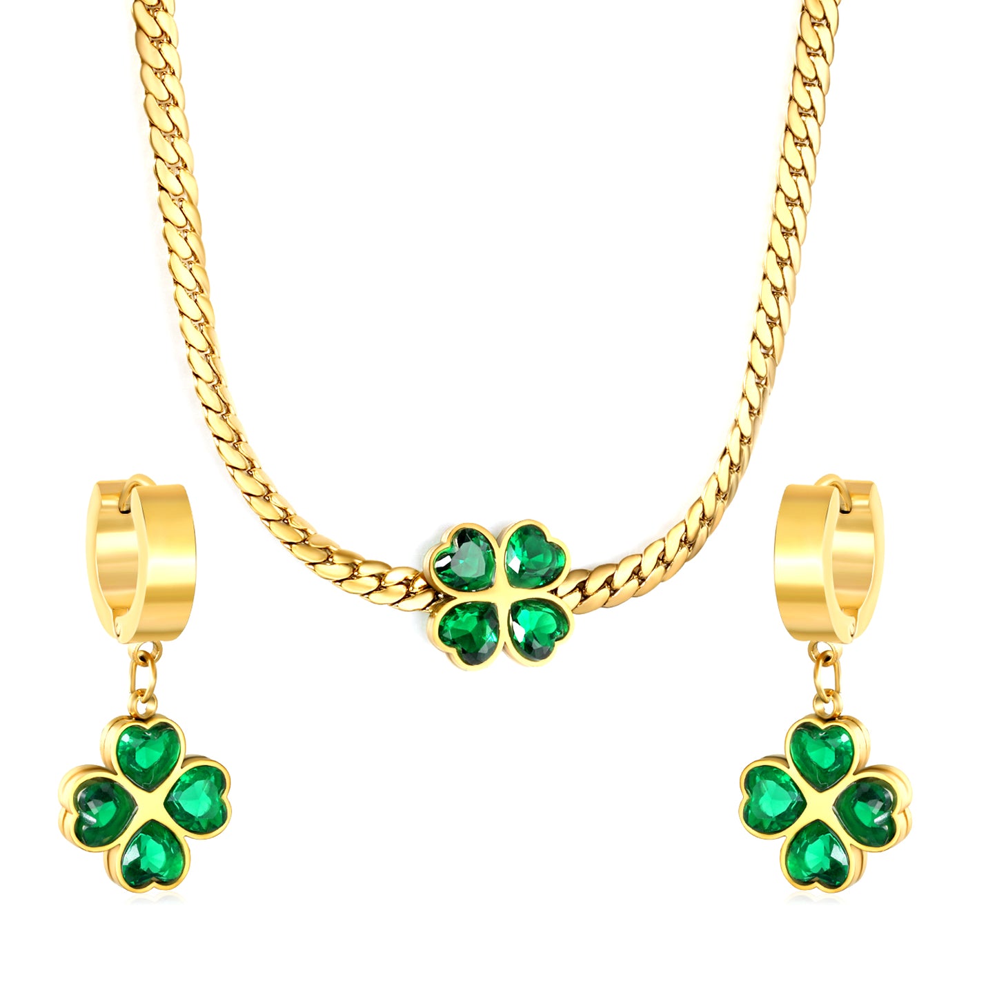 Wholesale Stainless Steel Clover Zircon Jewelry Set - Gold Earrings (13.4x13.6mm) & Pendant (12.1x12.1mm) with 3.8mm Dragon Chain 40+5cm