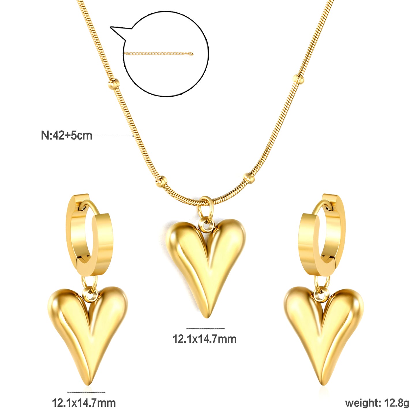 ✨ Wholesale Sharp Point Heart Earrings & Pendant Set 12.1x14.7mm | 42+5cm Snake Chain | Stainless Steel Jewelry Bulk