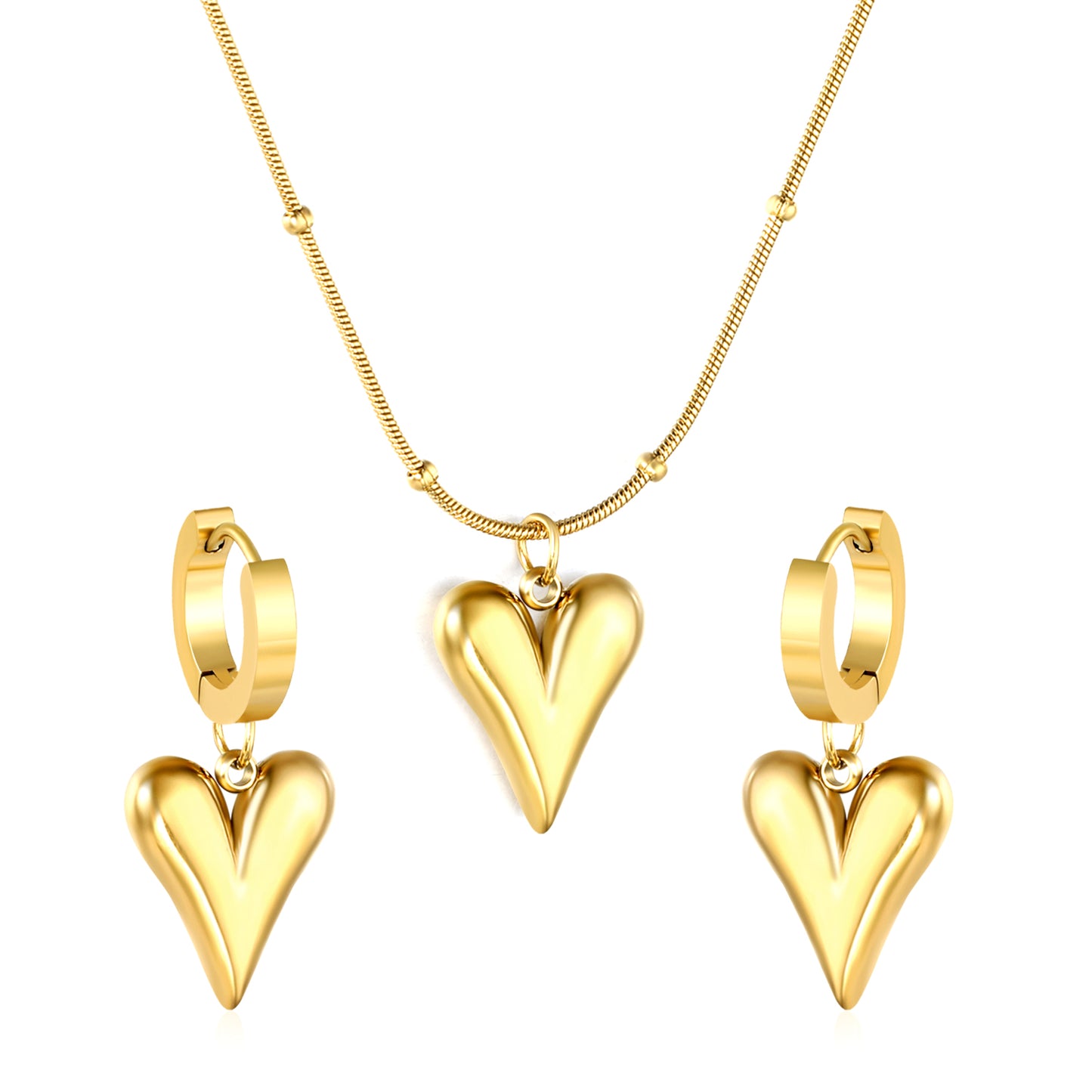 ✨ Wholesale Sharp Point Heart Earrings & Pendant Set 12.1x14.7mm | 42+5cm Snake Chain | Stainless Steel Jewelry Bulk